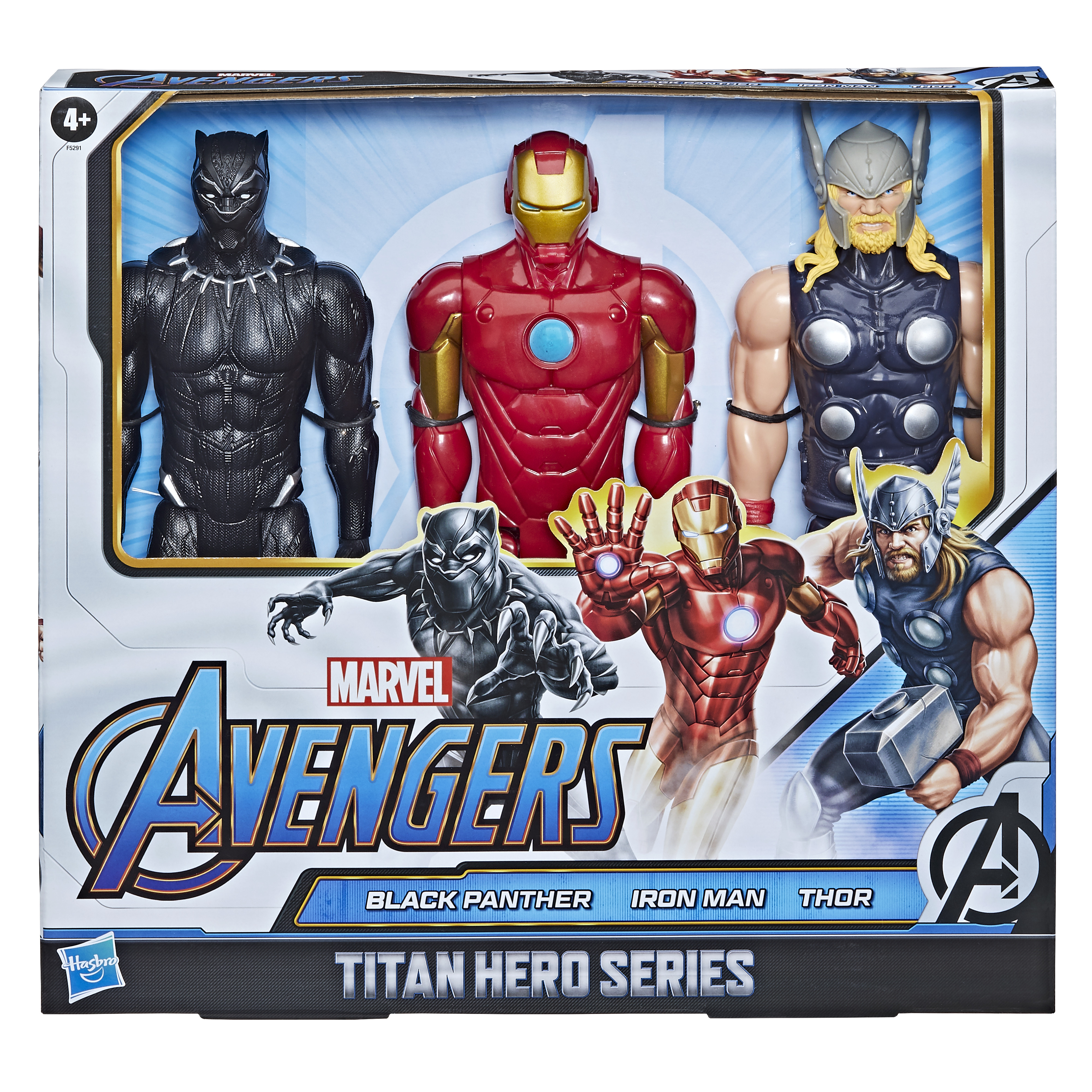 Personaggi degli Avengers in una scatola, tra cui Pantera Nera, Iron Man e Thor. La scatola è bianca.