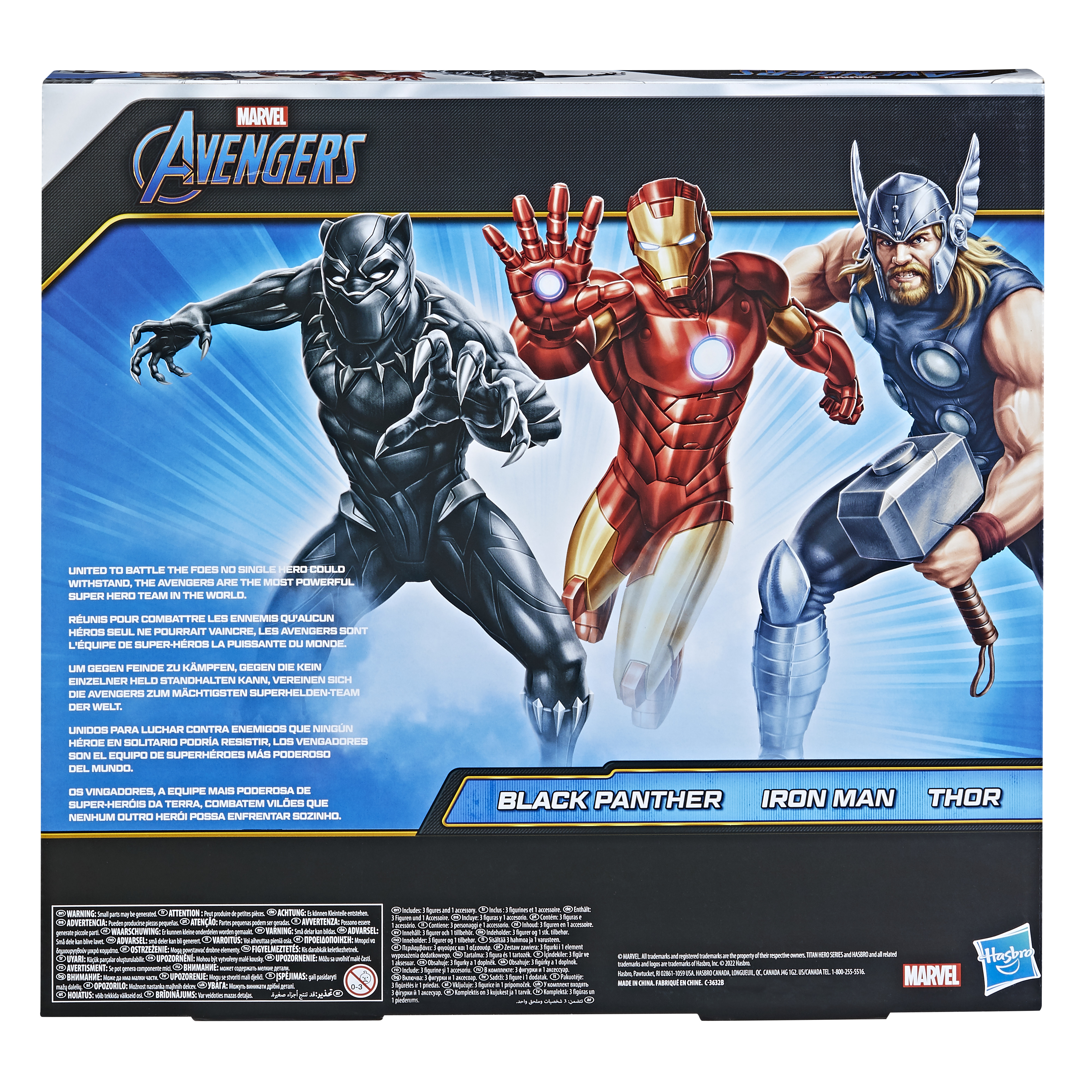 Retro di una scatola degli Avengers con Black Panther, Iron Man e Thor. Testo in più lingue visibile.
