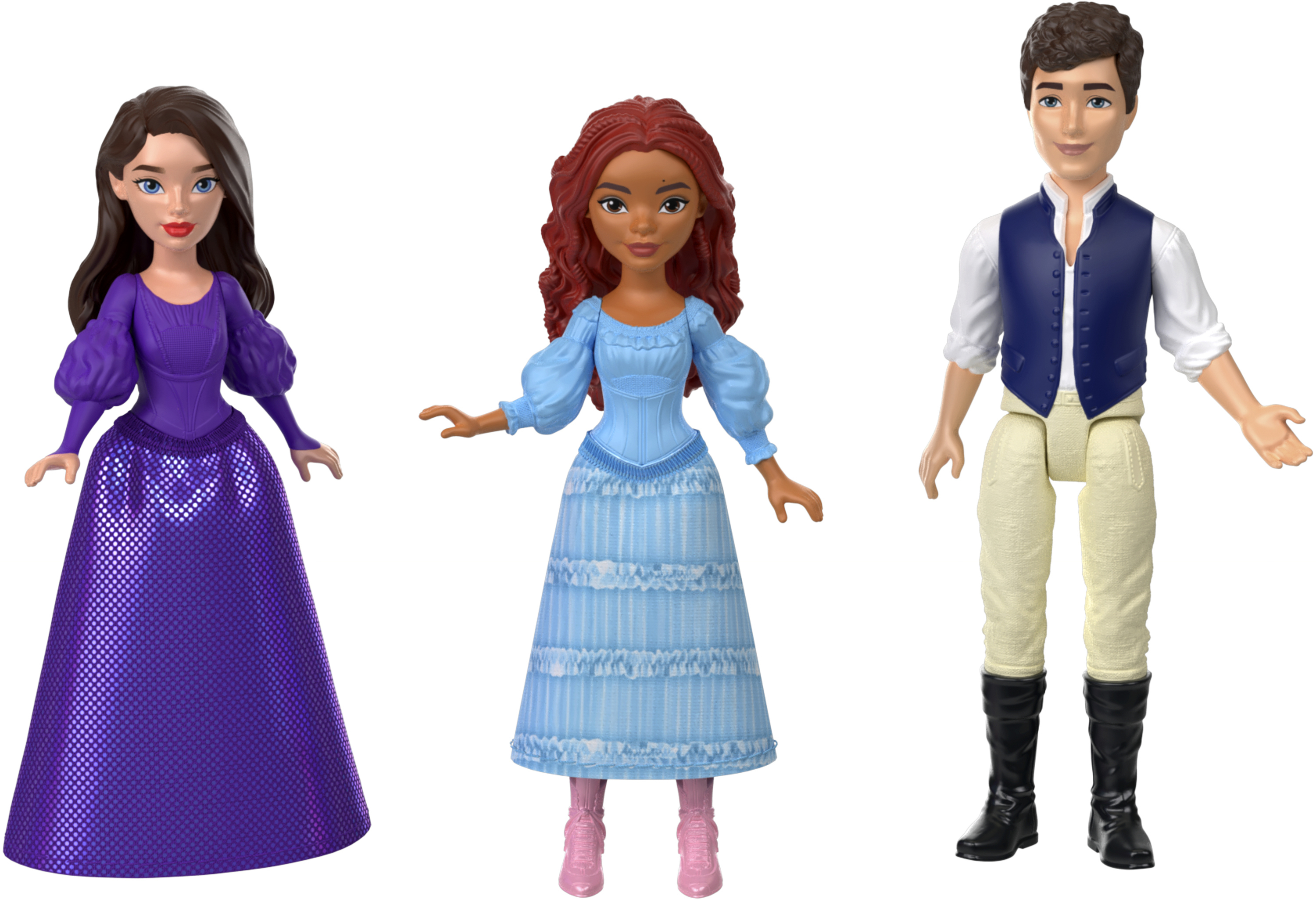 Drei Disney-Puppen: Eine Frau in einem lila Kleid, eine Frau in Blau und ein Mann in weißer Hose und Weste.