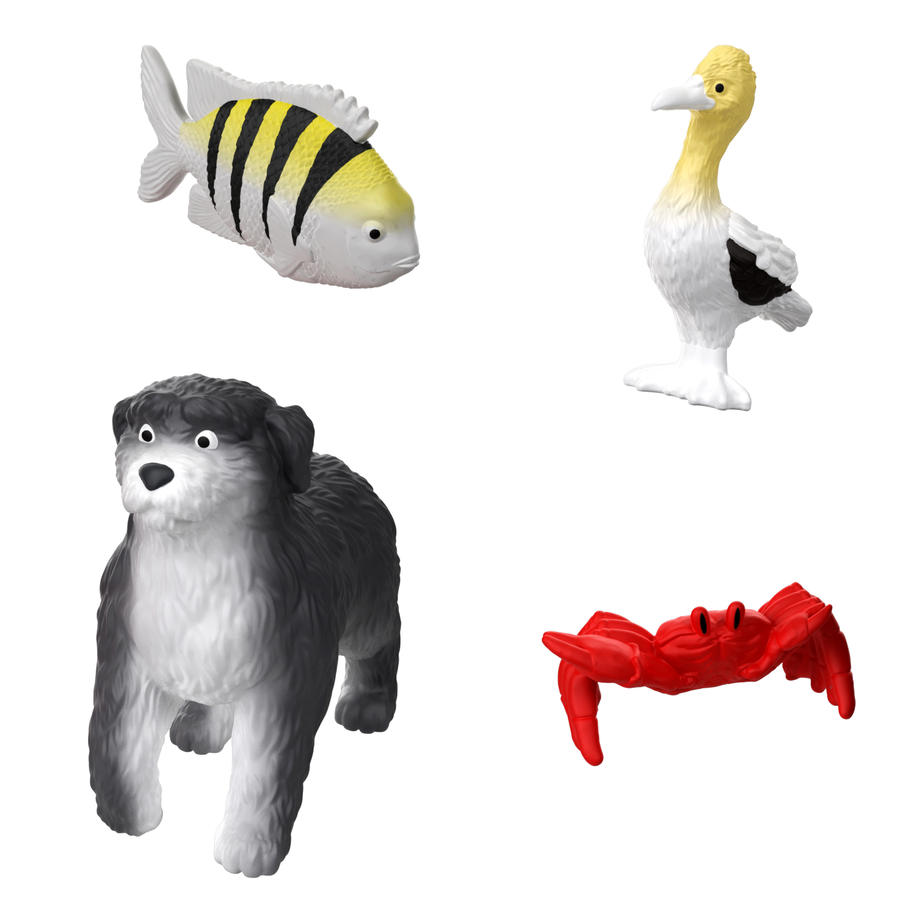 Vier Tierfiguren: ein gestreifter Fisch, ein Vogel, ein Hund und eine rote Krabbe werden präsentiert.