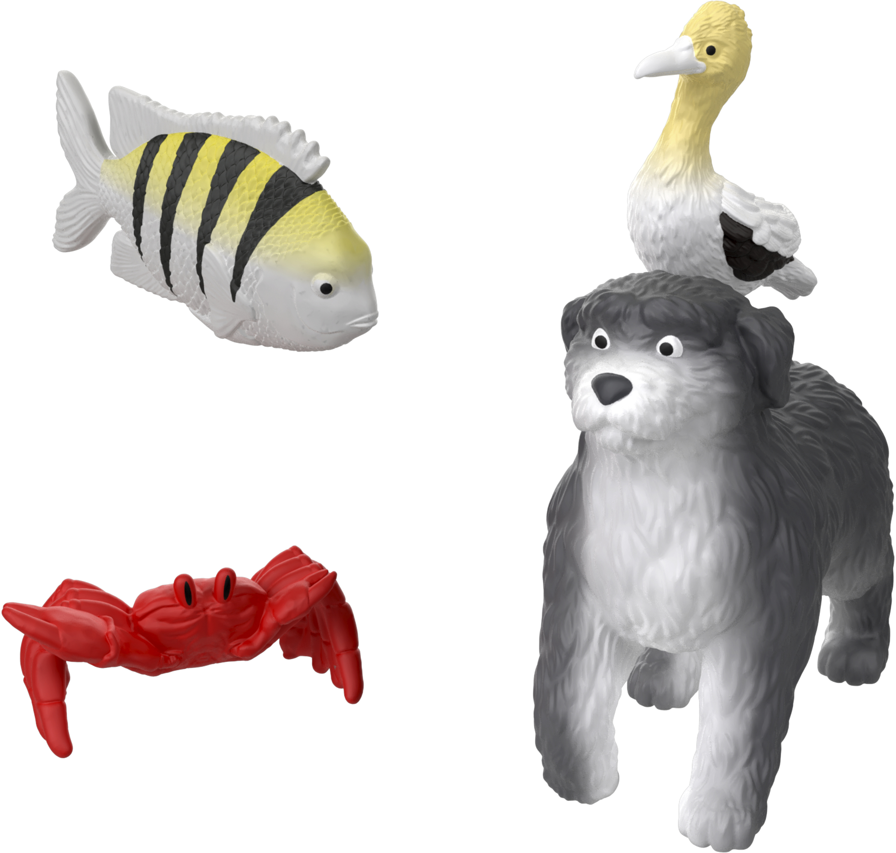 Spielzeugfische, Krabben, Hunde und Vögel. Der Fisch hat schwarze Streifen. Der Hund hat einen Vogel auf dem Rücken.