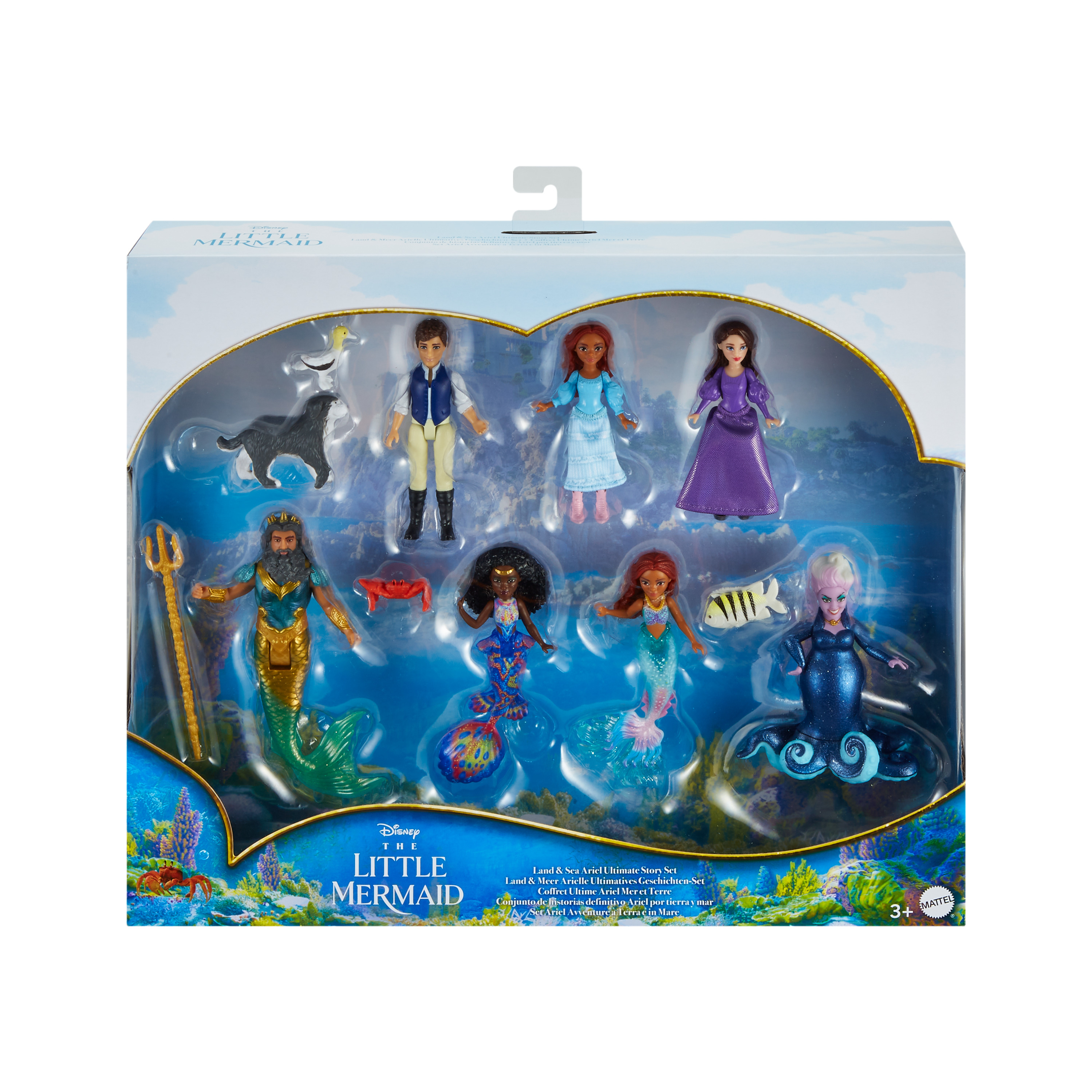Ein Arielle-Set mit Figuren, darunter Arielle, Prinz Erik und Ursula, in einer Schachtel.