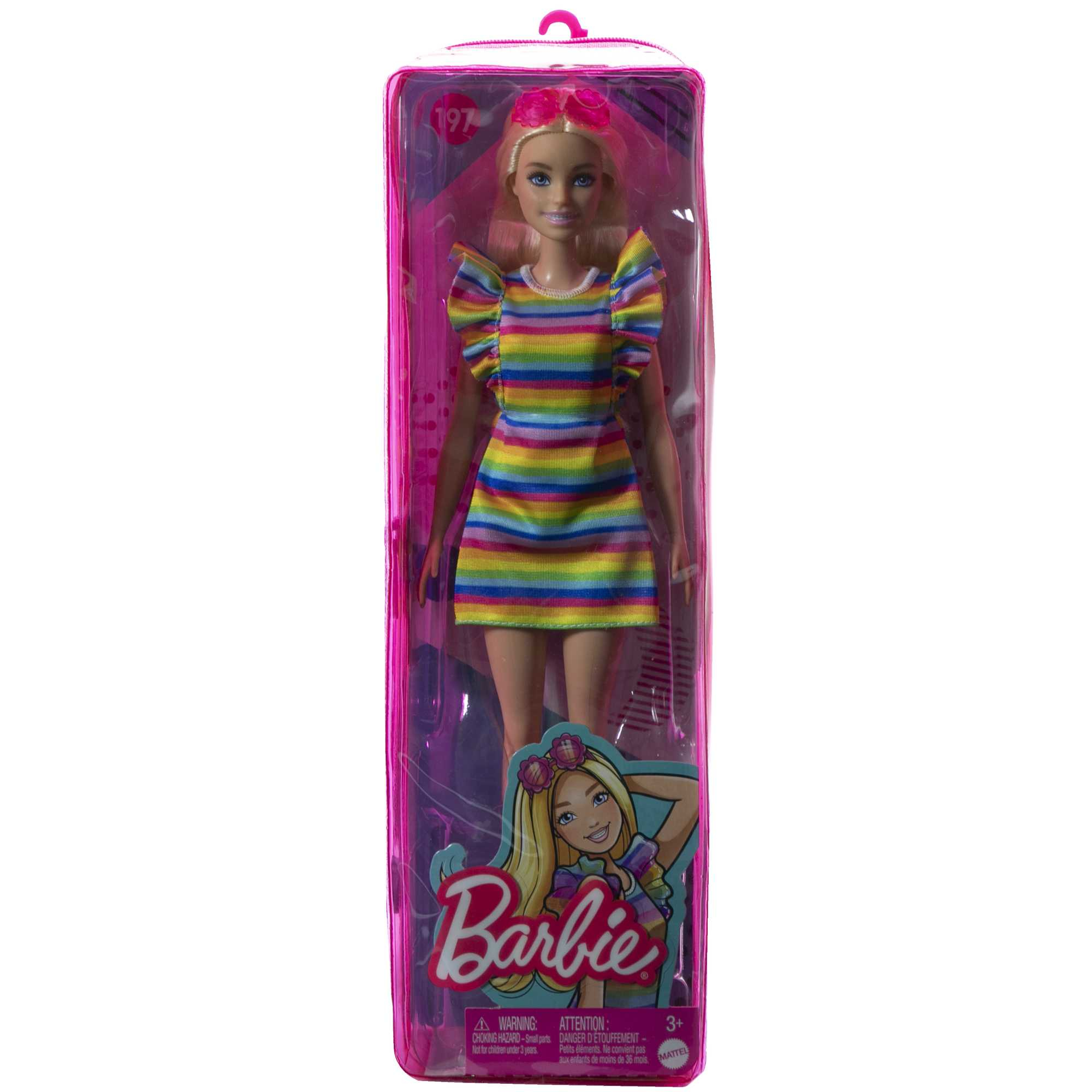 Barbie-Puppe in einem bunten gestreiften Kleid, rosa Sonnenbrille, in einer transparenten Kunststoffverpackung.