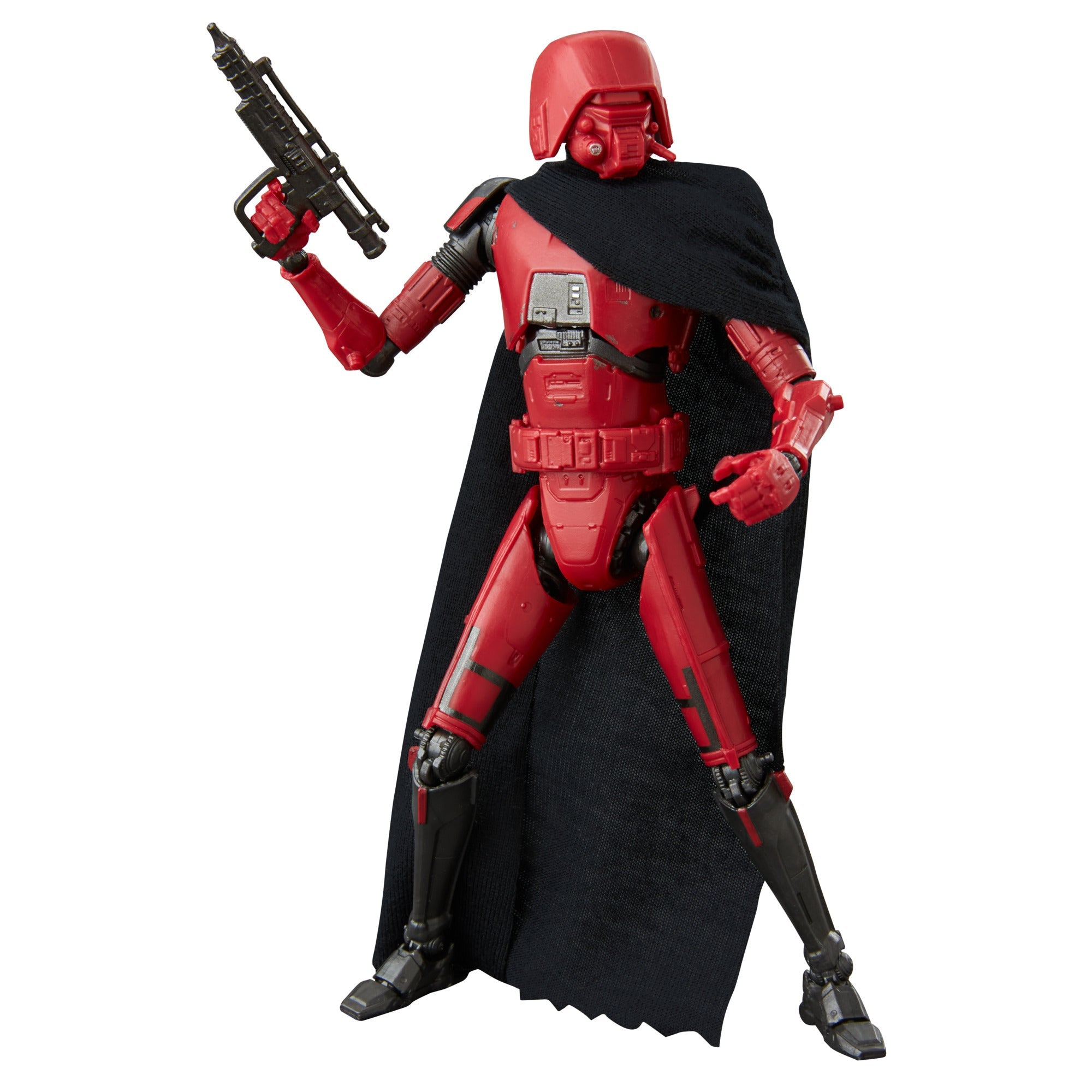 Rote Actionfigur mit schwarzem Umhang und Pistole, posierend mit futuristischem Aussehen.