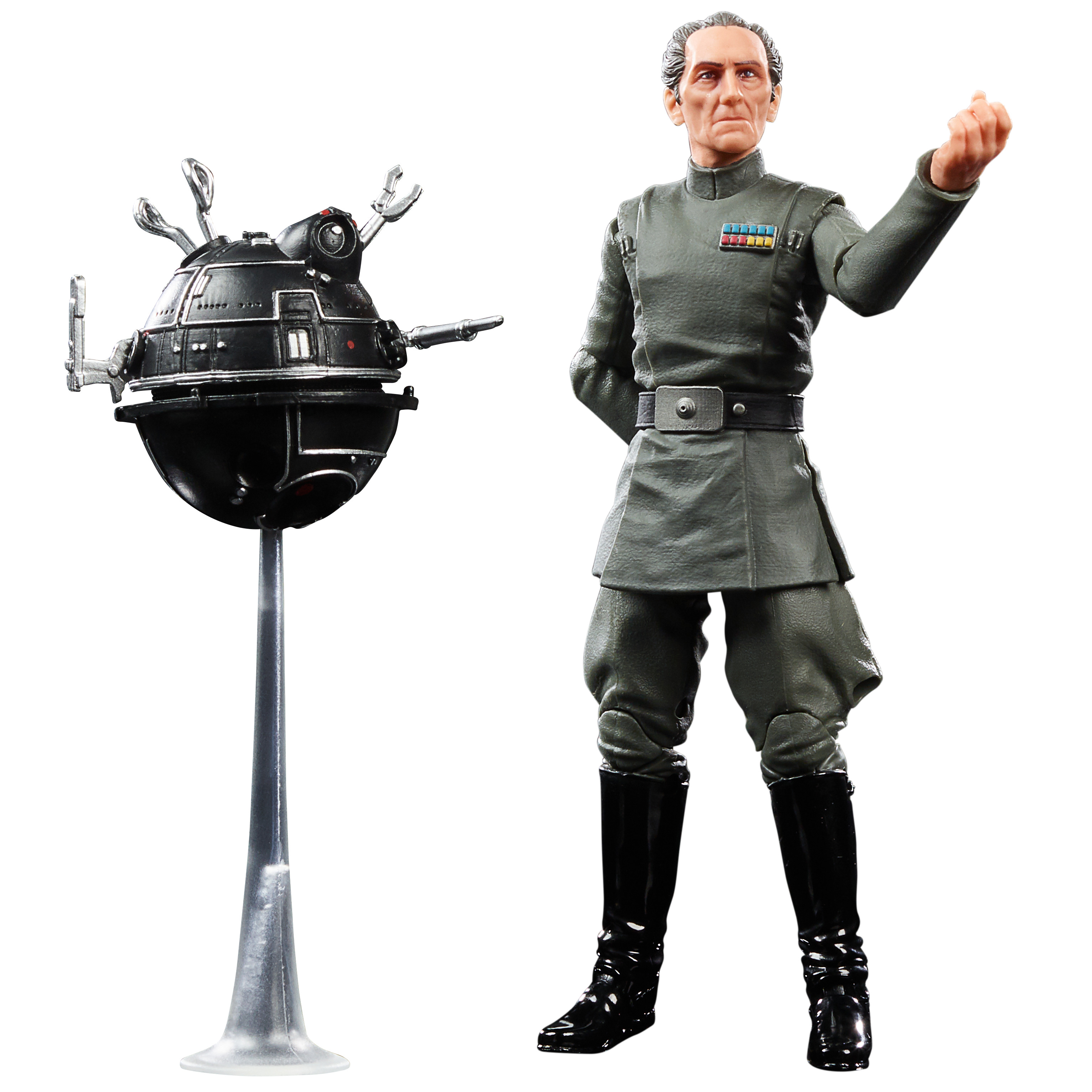 Action figure di Star Wars di un ufficiale con un robot a sfera nero e uno sfondo bianco.