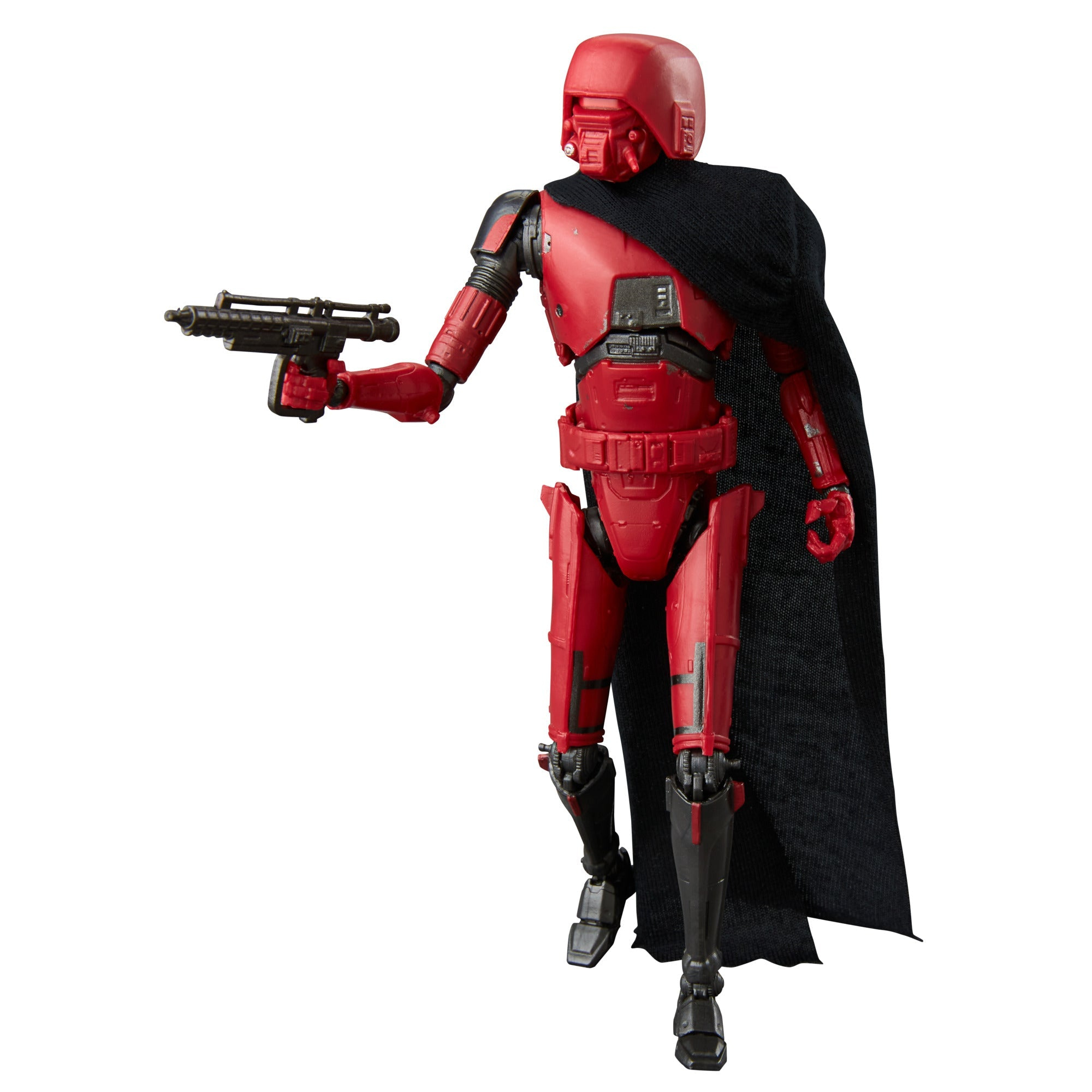 Rote Actionfigur mit schwarzem Umhang und Pistole, posierend mit futuristischem Aussehen, nach links gerichtet.