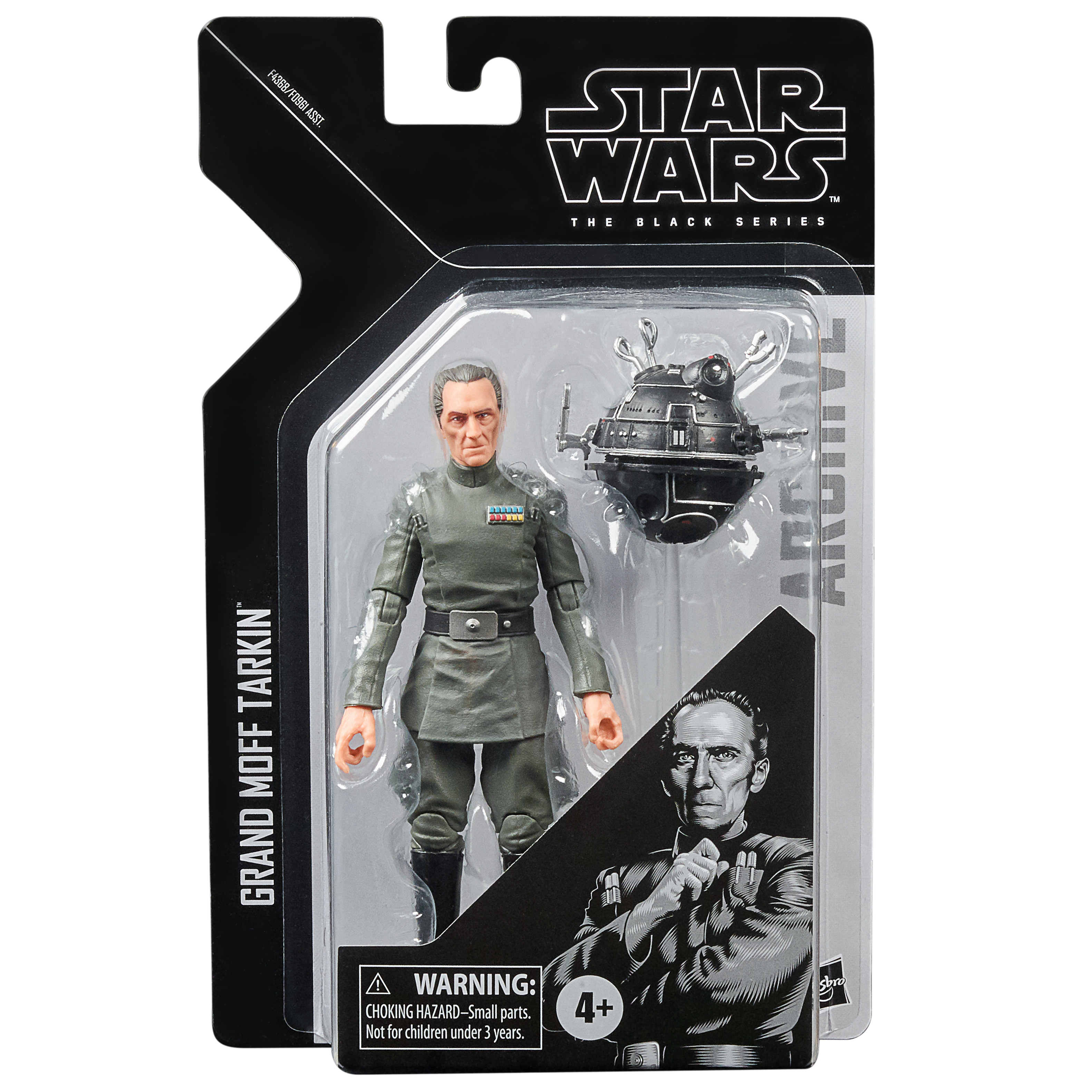 Action figure di Star Wars di Grand Moff Tarkin in confezione con un droide. Sfondo scuro.