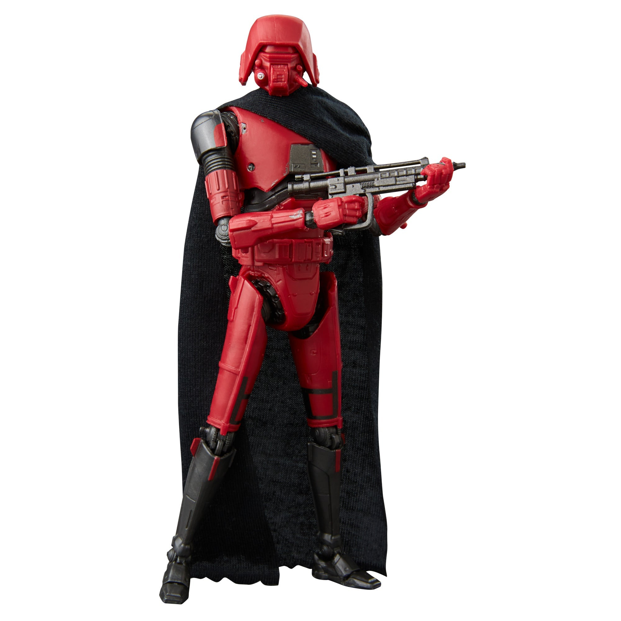 Rote K-2SO-Actionfigur, die eine Waffe hält und einen schwarzen Umhang trägt. Es ist eine Star Wars-Actionfigur.