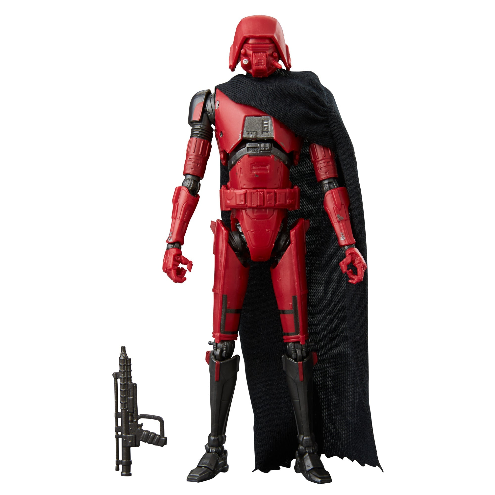 Eine rot gepanzerte Figur mit schwarzem Umhang und einer Waffe. Die Figur steht.