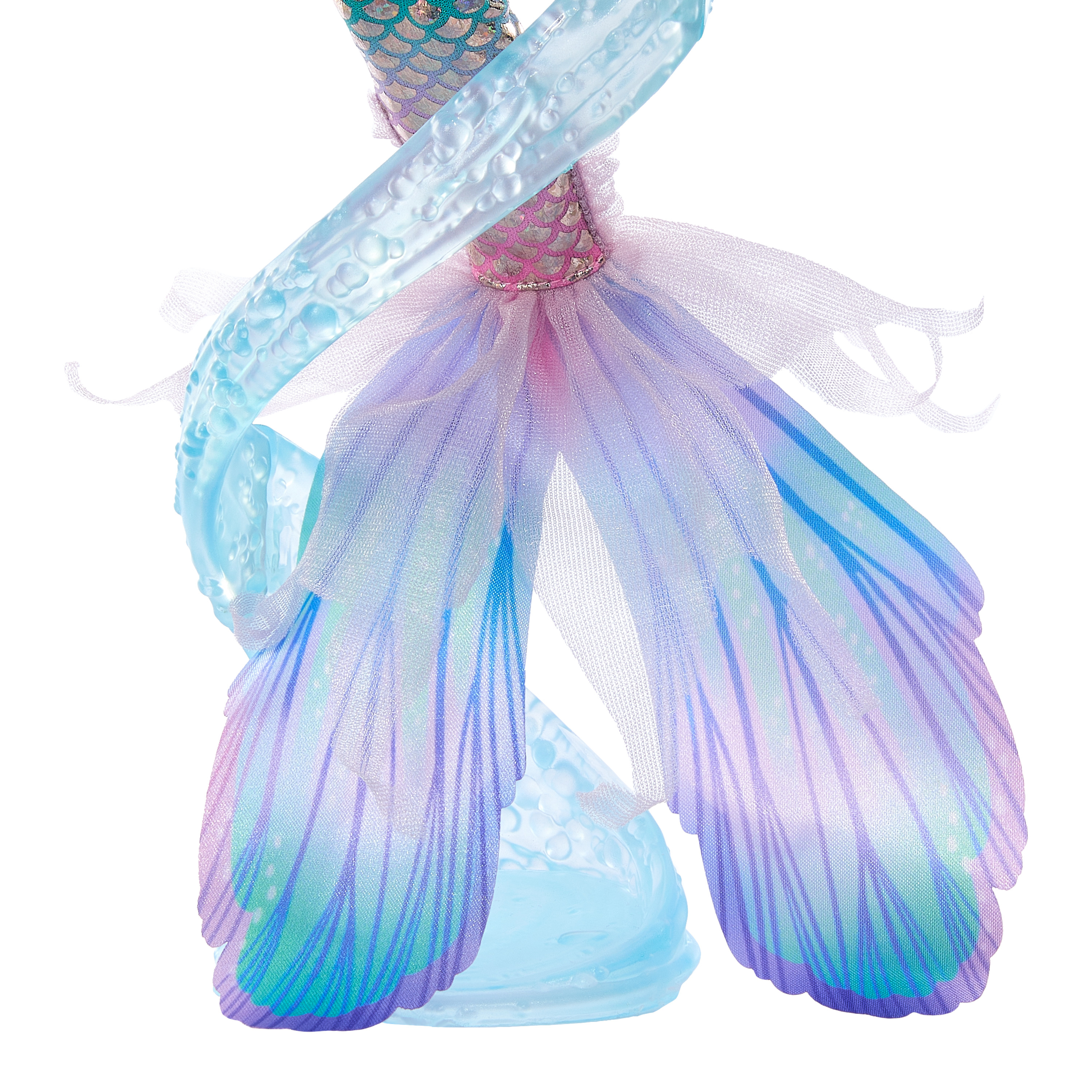 Meerjungfrauenschwanz mit fließenden blauen und lila Flossen auf einem transparenten Ständer.