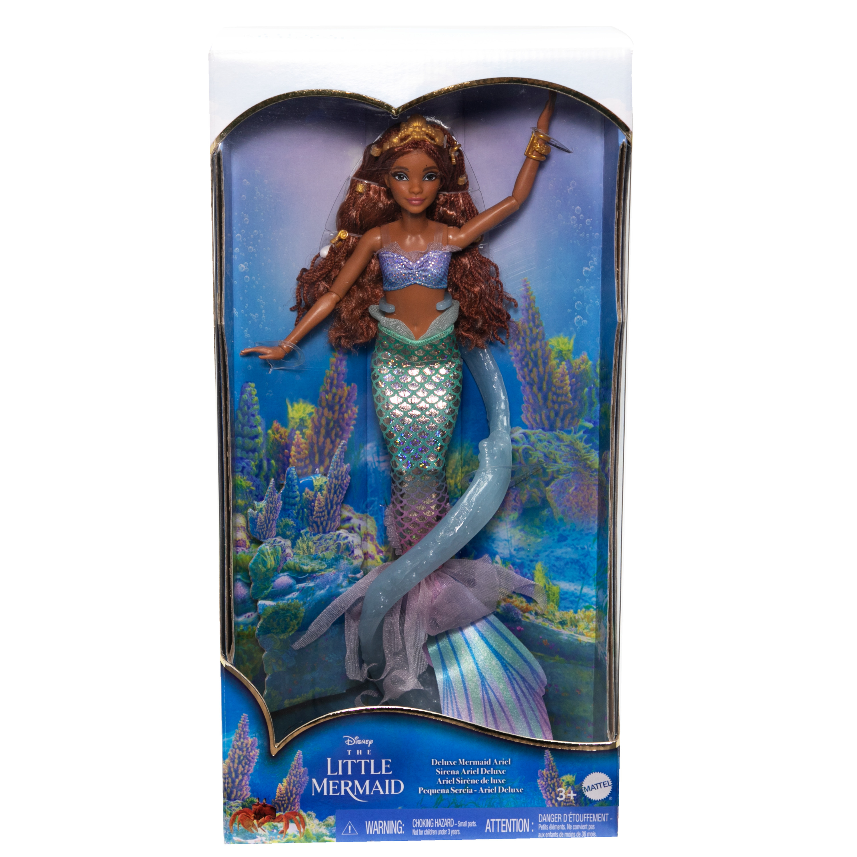 Eine Disney Ariel-Puppe in einer Box. Die Puppe ist eine Meerjungfrau.