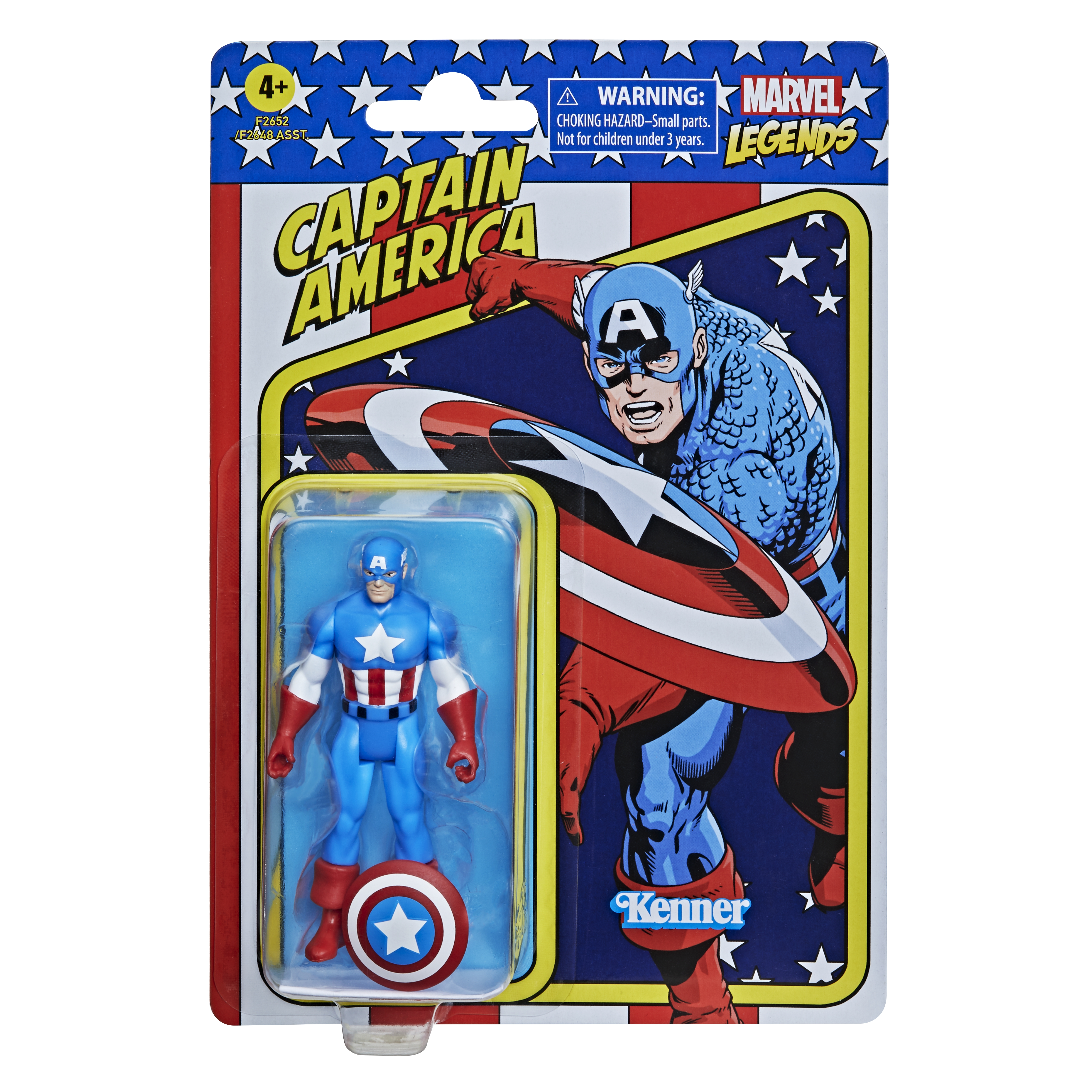 Figura de acción del Capitán América en su embalaje. La figura está en una pose heroica con un escudo.
