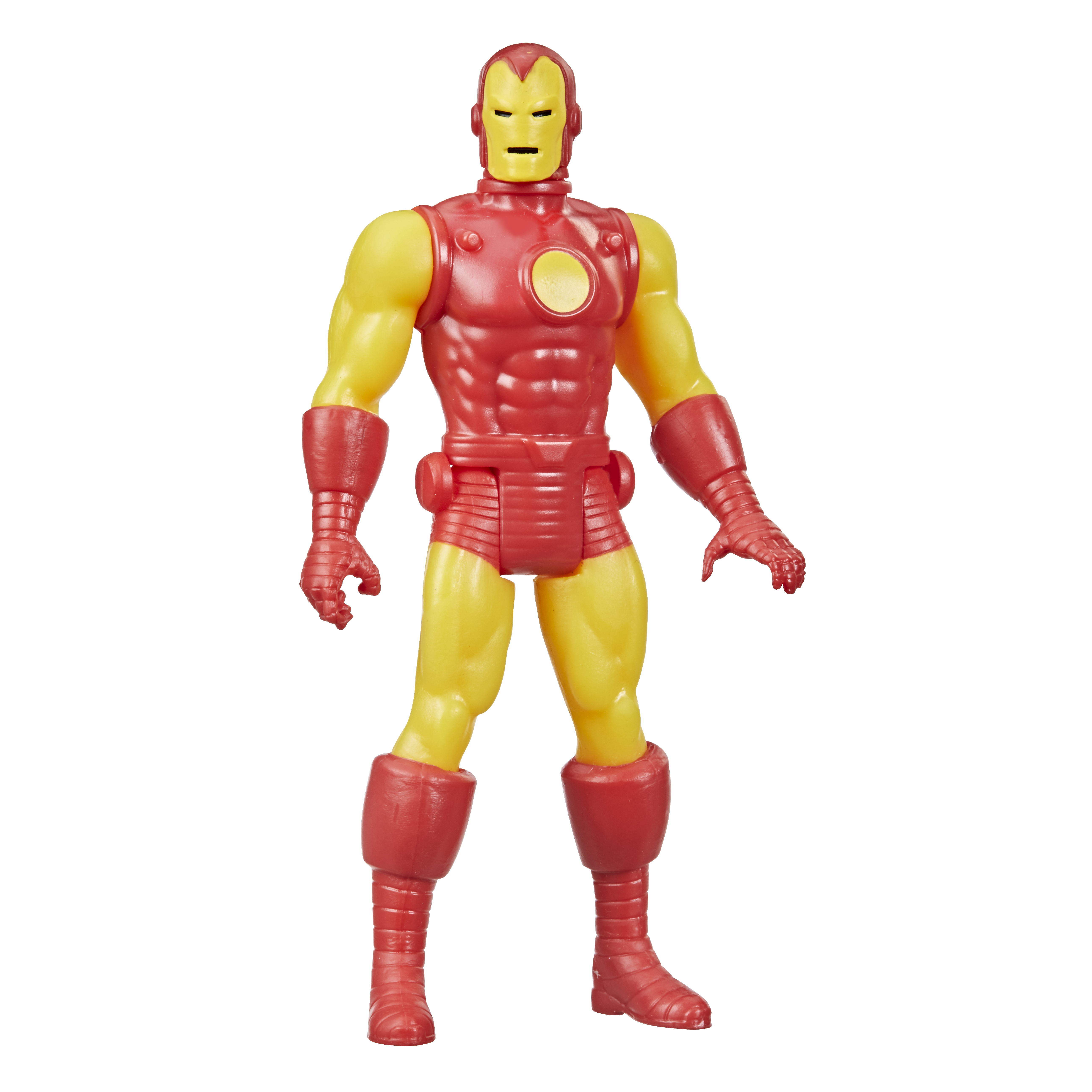 Figura de acción de Iron Man, traje rojo y amarillo. De pie con los brazos a los lados.