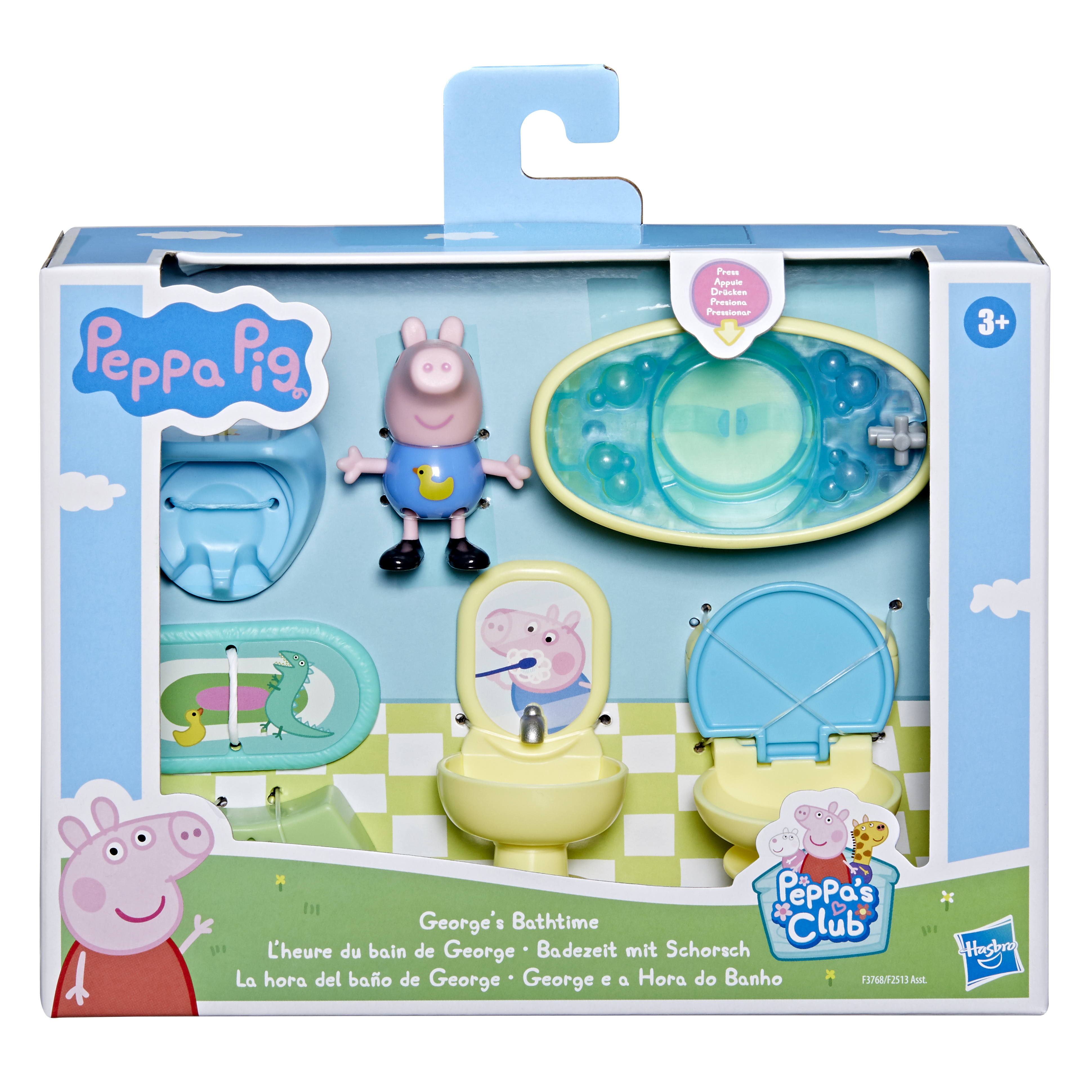 Set di giocattoli di Peppa Pig con Peppa, una scena del bagno e accessori in una scatola.