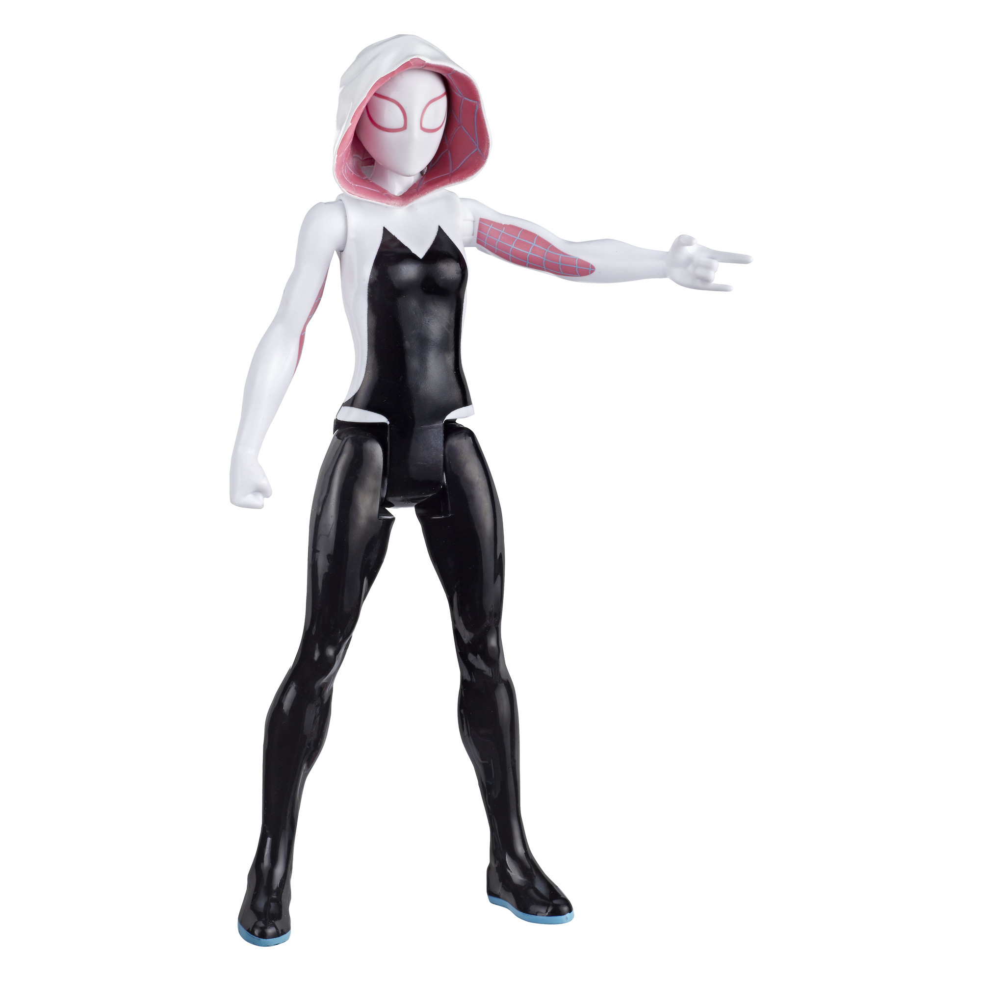 Figurka Spider-Gwen w biało-czarnym kostiumie. Wskazuje prawą ręką do przodu.
