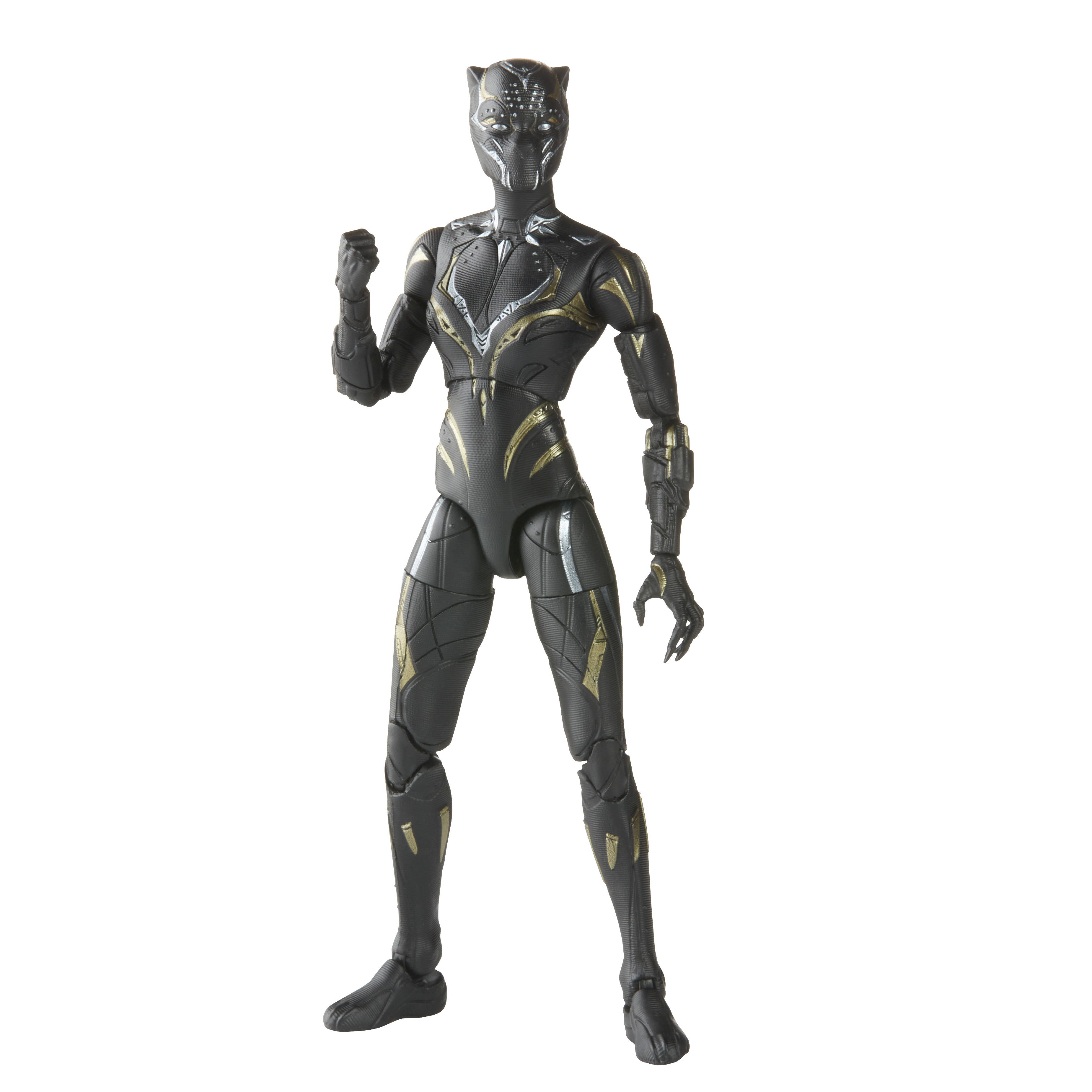 Action figure di Black Panther in piedi, con un abito nero e oro. La figura è su sfondo bianco.