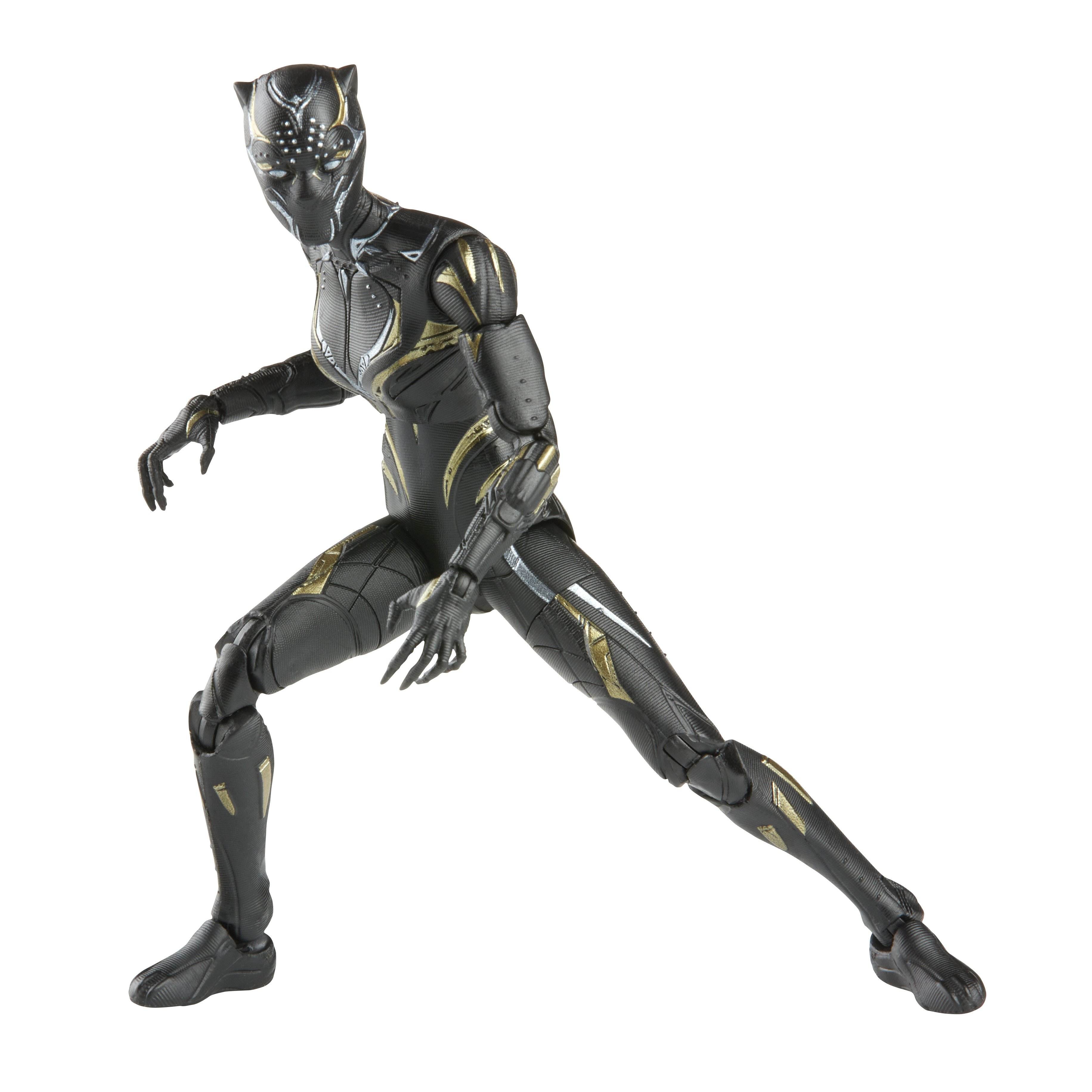 Action figure di Black Panther in posa dinamica, con un abito nero e oro, in piedi su una superficie bianca.