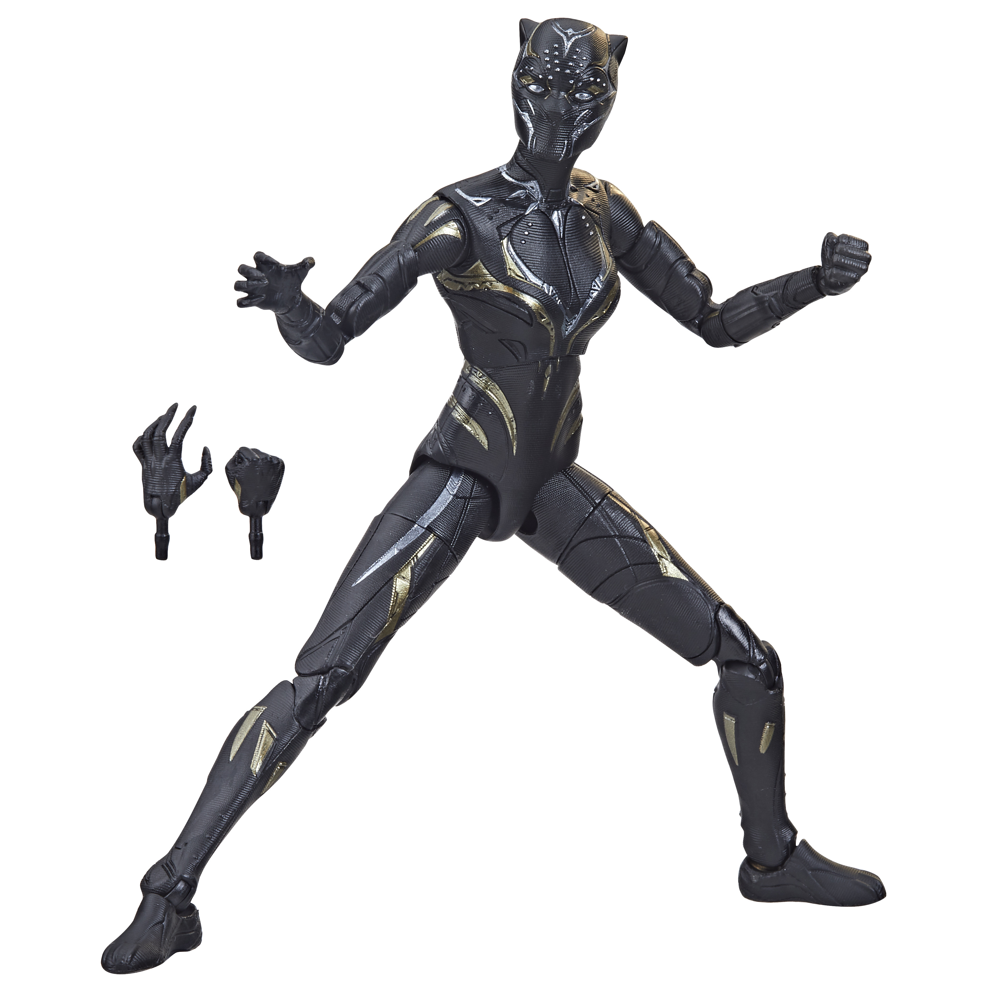 Action figure di Black Panther in posa dinamica, gambe divaricate, braccia aperte, con mani aggiuntive.