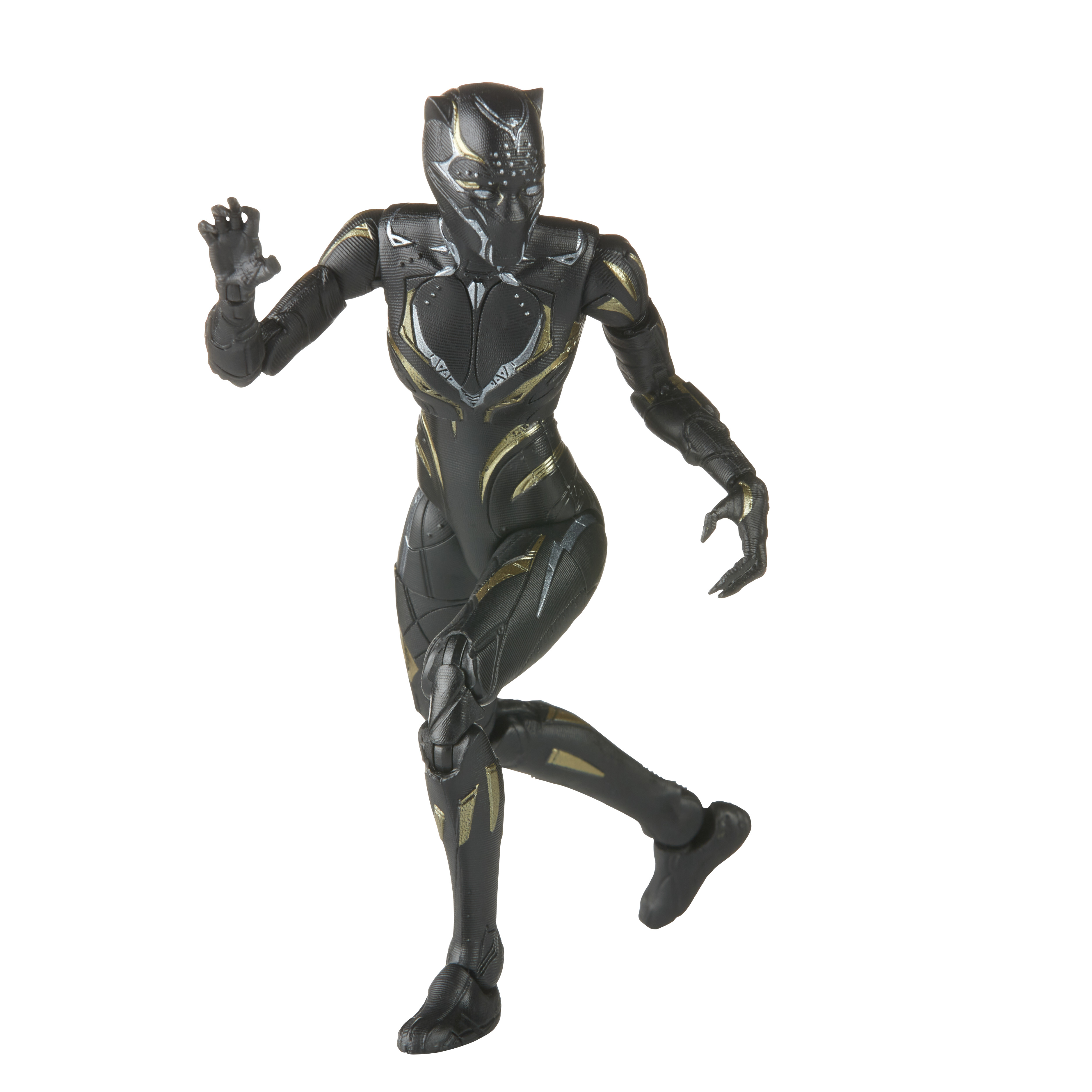 Action figure di Black Panther in posa di corsa, con un abito nero e oro, con sfondo bianco.