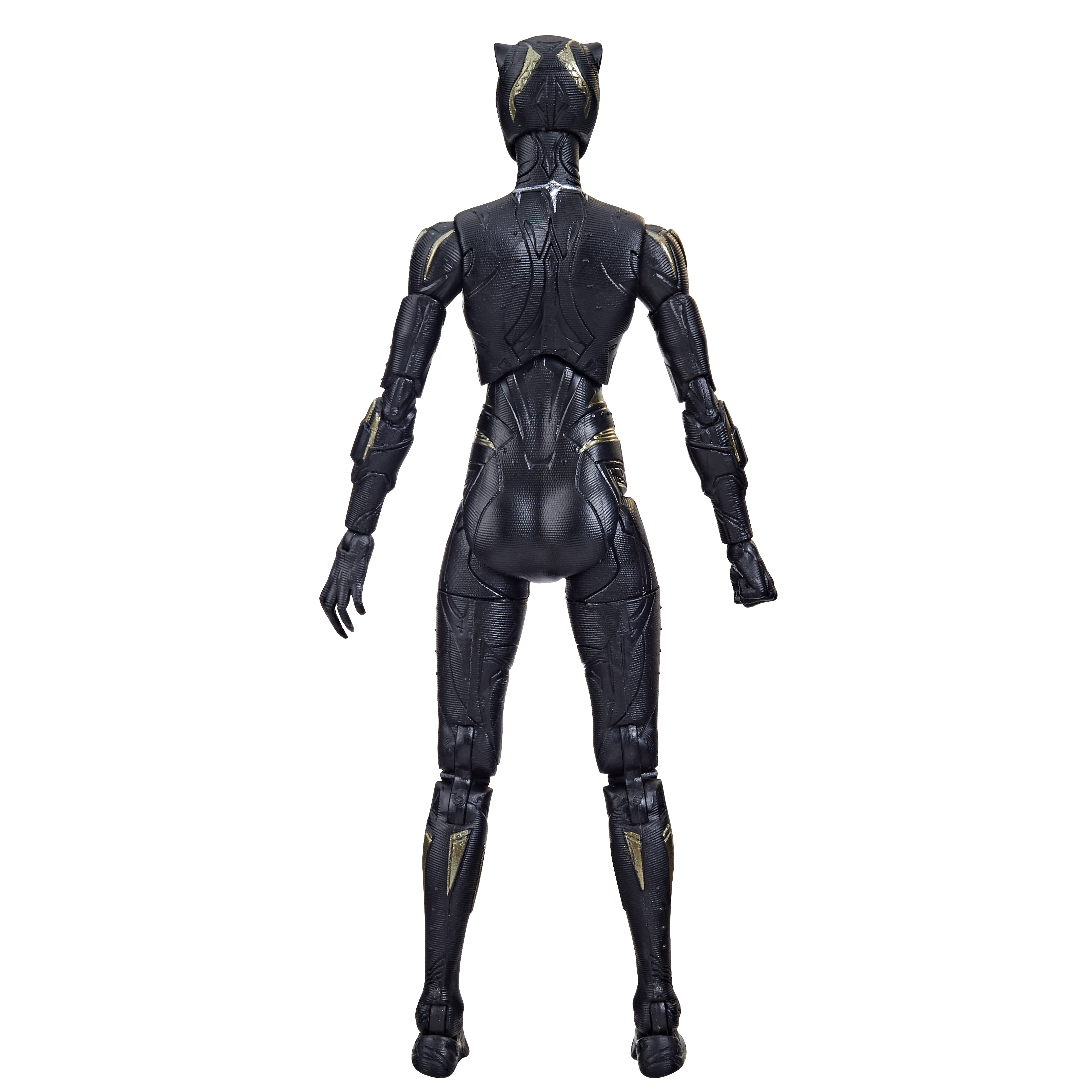 Vista posteriore della action figure di Black Panther. Mostra il retro dell'abito nero e oro.