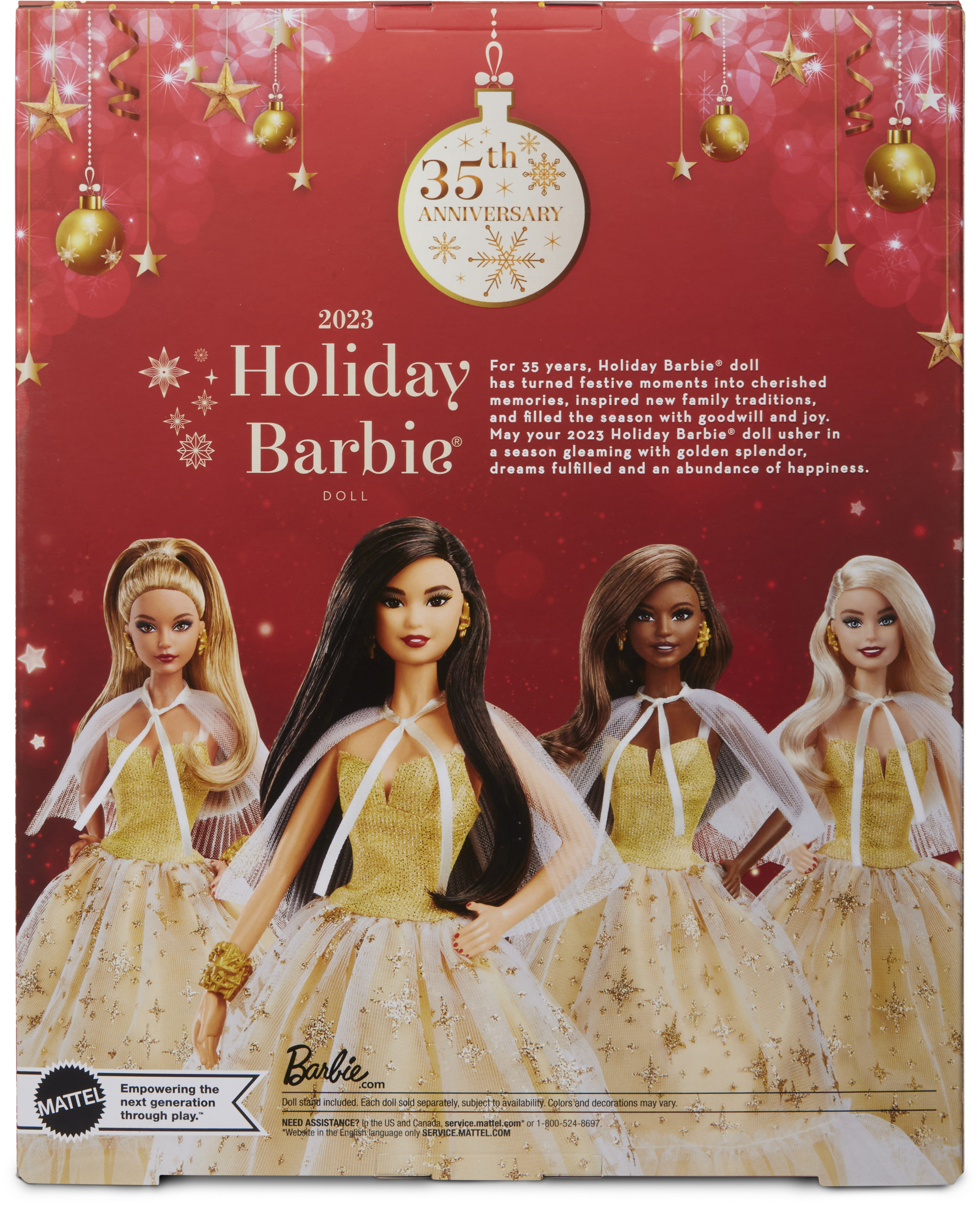 Rückseite einer Holiday Barbie-Box mit vier Barbie-Puppen in goldenen Kleidern und rotem Hintergrund.
