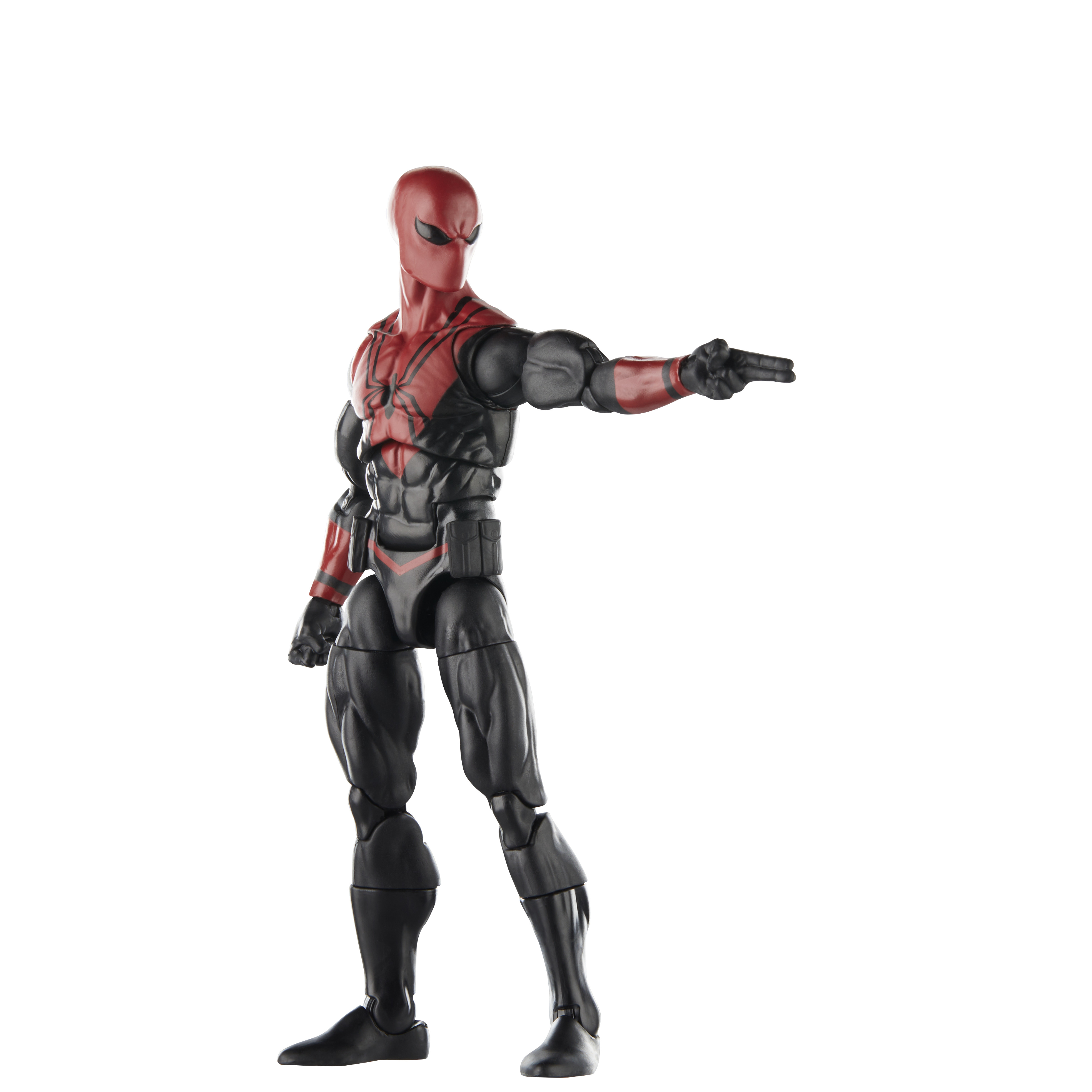 Action figure di Spider-Man in tuta rossa e nera, che indica. La figura è in una posa dinamica.