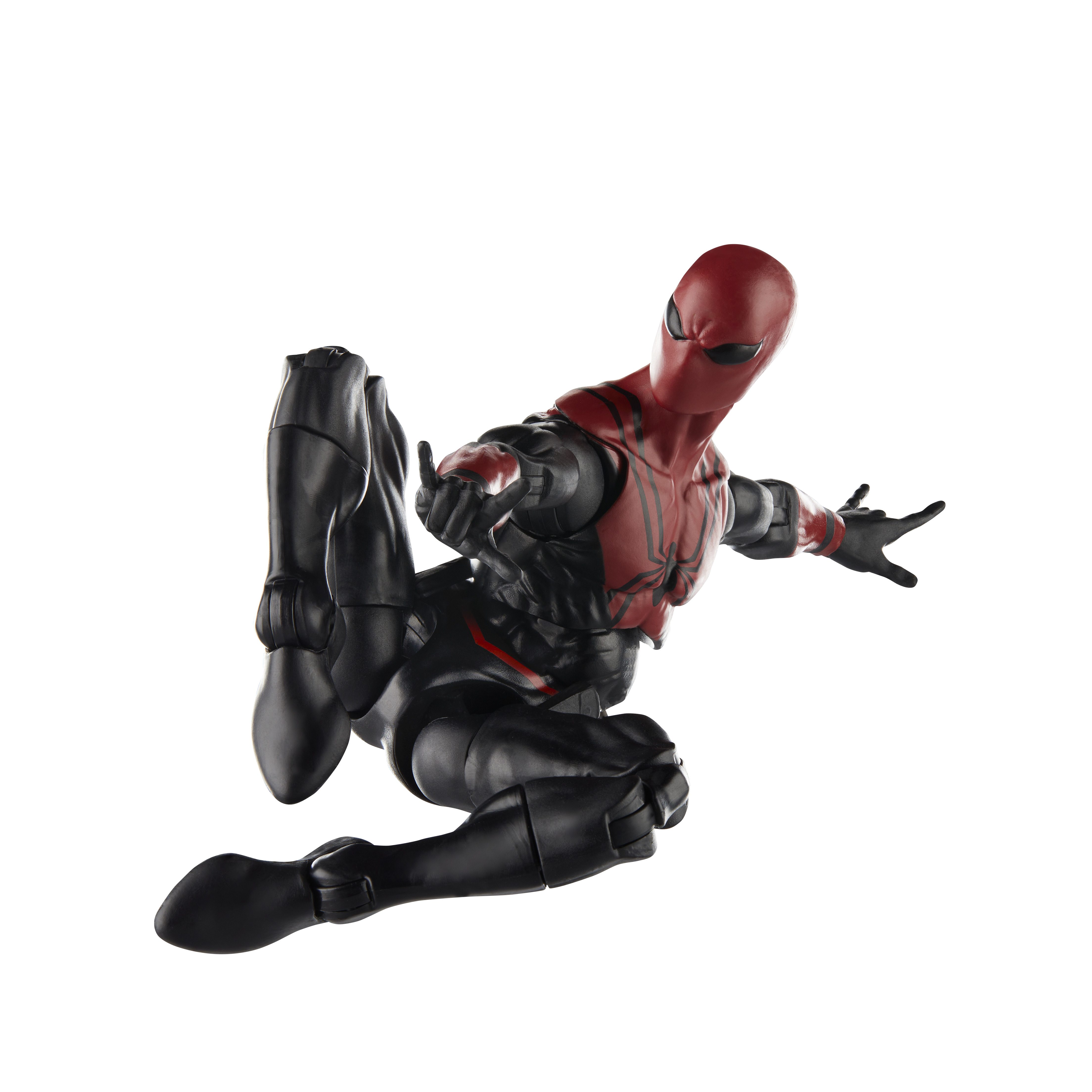 Action figure di Spider-Man, tuta rossa e nera. È in una posa dinamica, a mezz'aria.