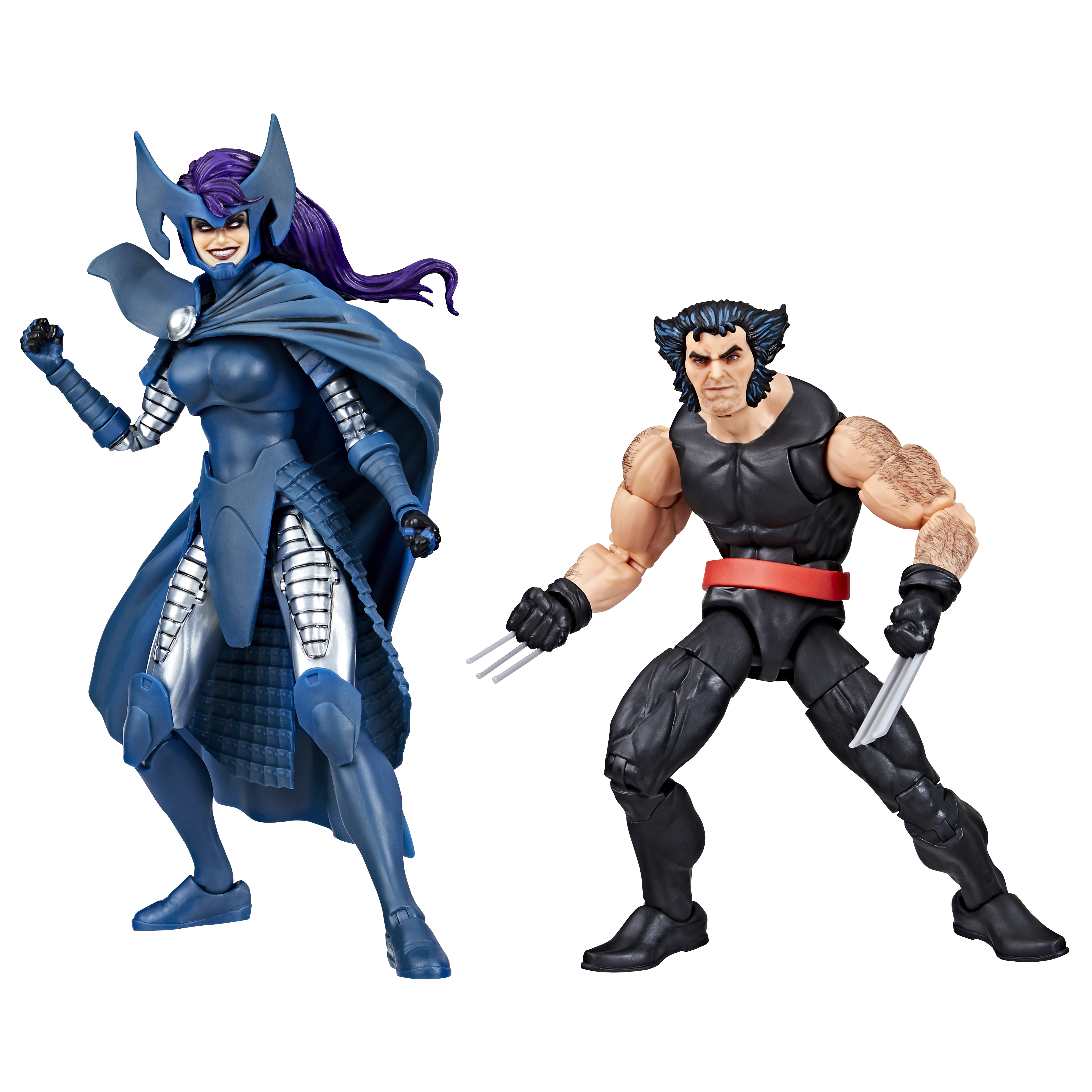 Due action figure: una donna con armatura blu, un uomo muscoloso con artigli.