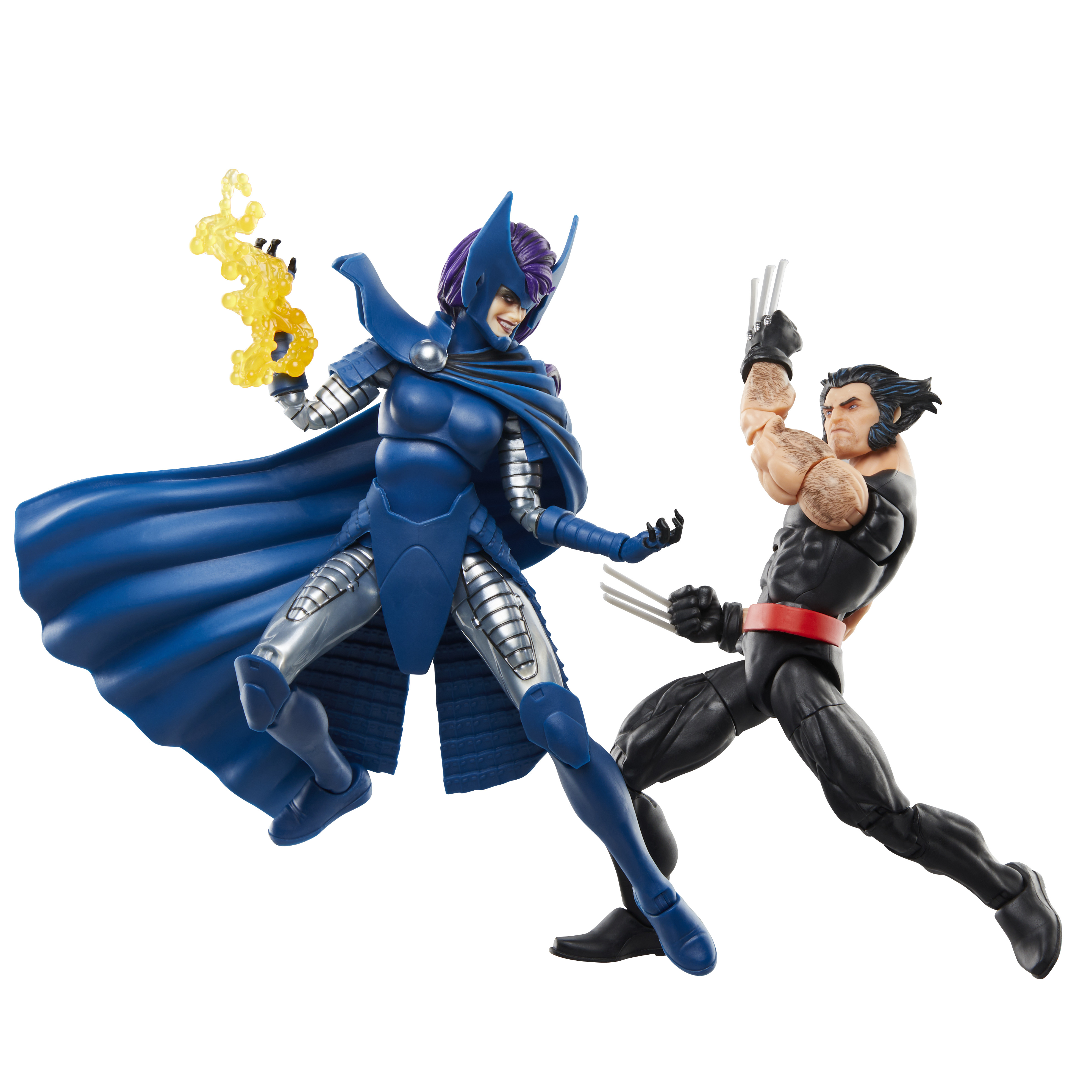 Due action figure in lotta. Una è una donna in blu, l'altro è Wolverine con gli artigli.
