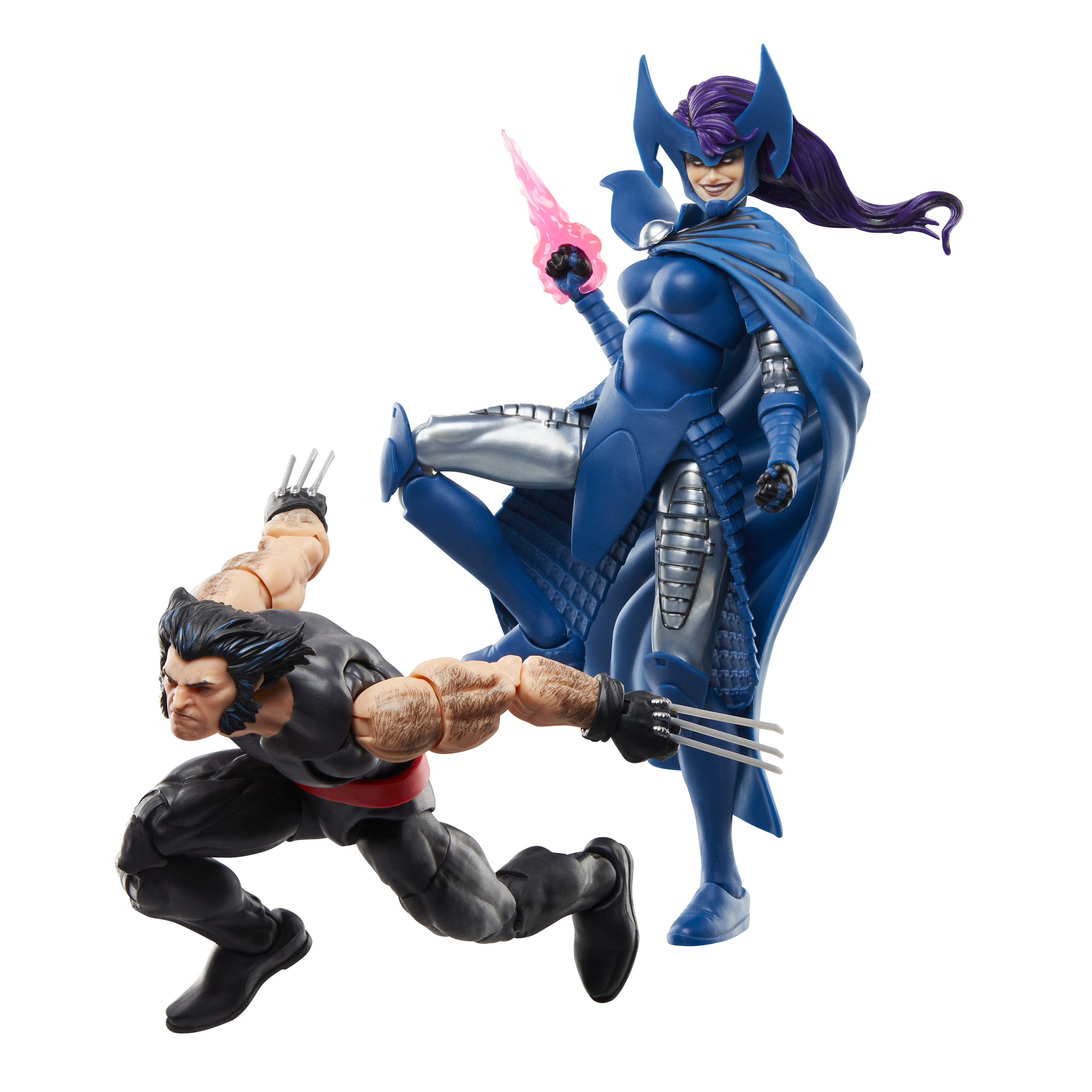 Action figure Marvel. Wolverine si lancia su Mystique. Mystique è in costume blu con un'arma energetica rosa.