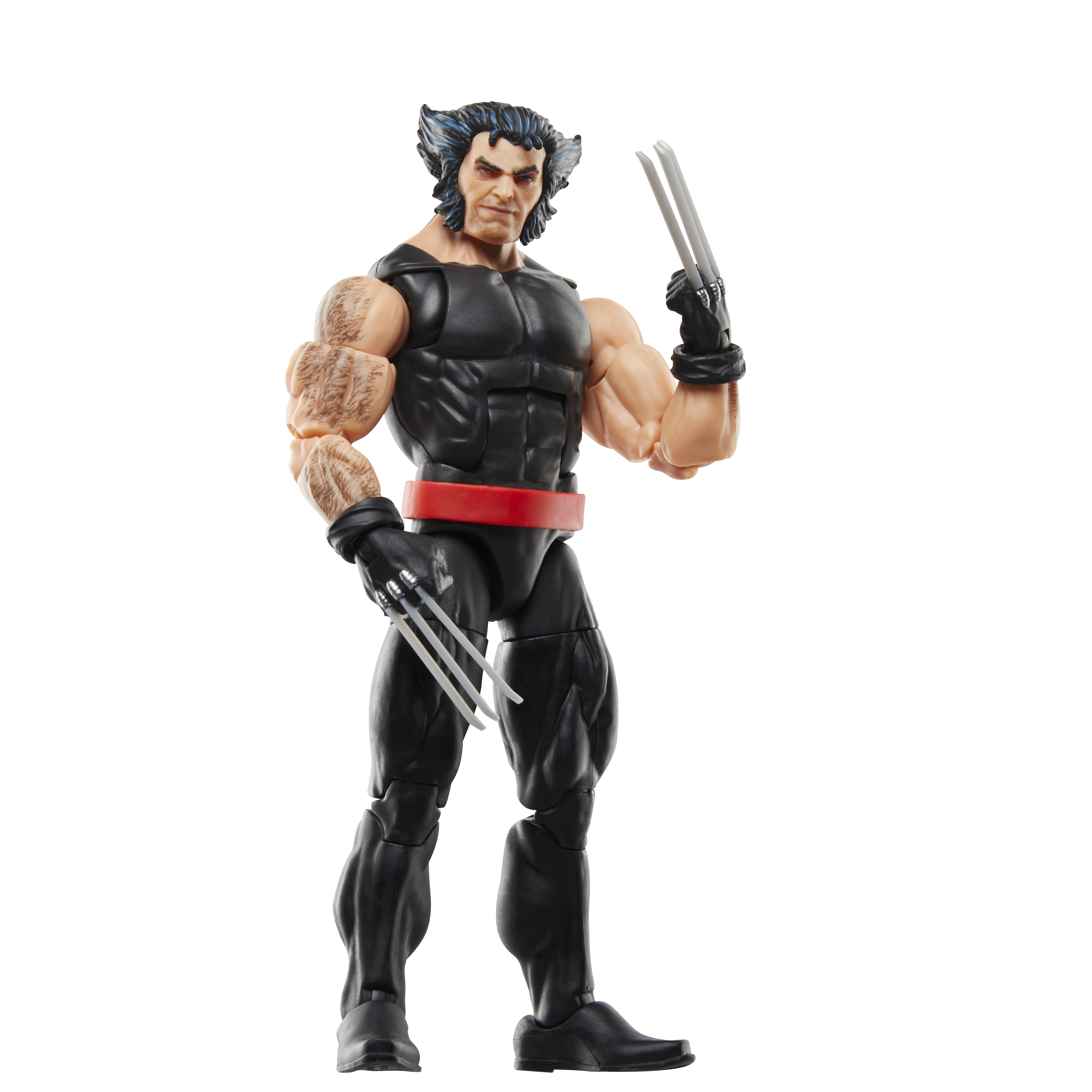 Action figure di Wolverine con artigli estesi, tuta nera, cintura rossa e volto arrabbiato.