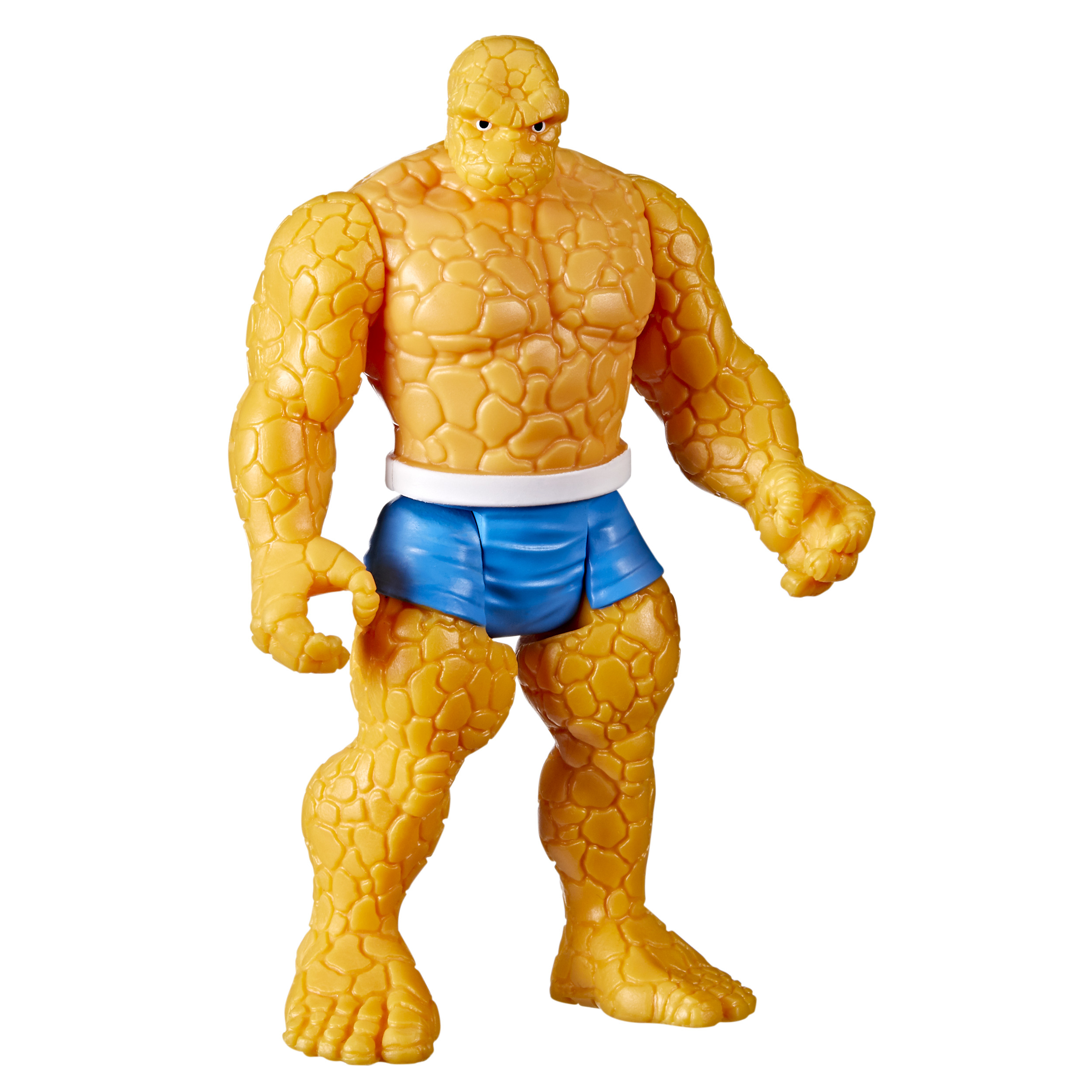 Un'action figure di Thing, pelle gialla, pantaloncini blu, su sfondo bianco.