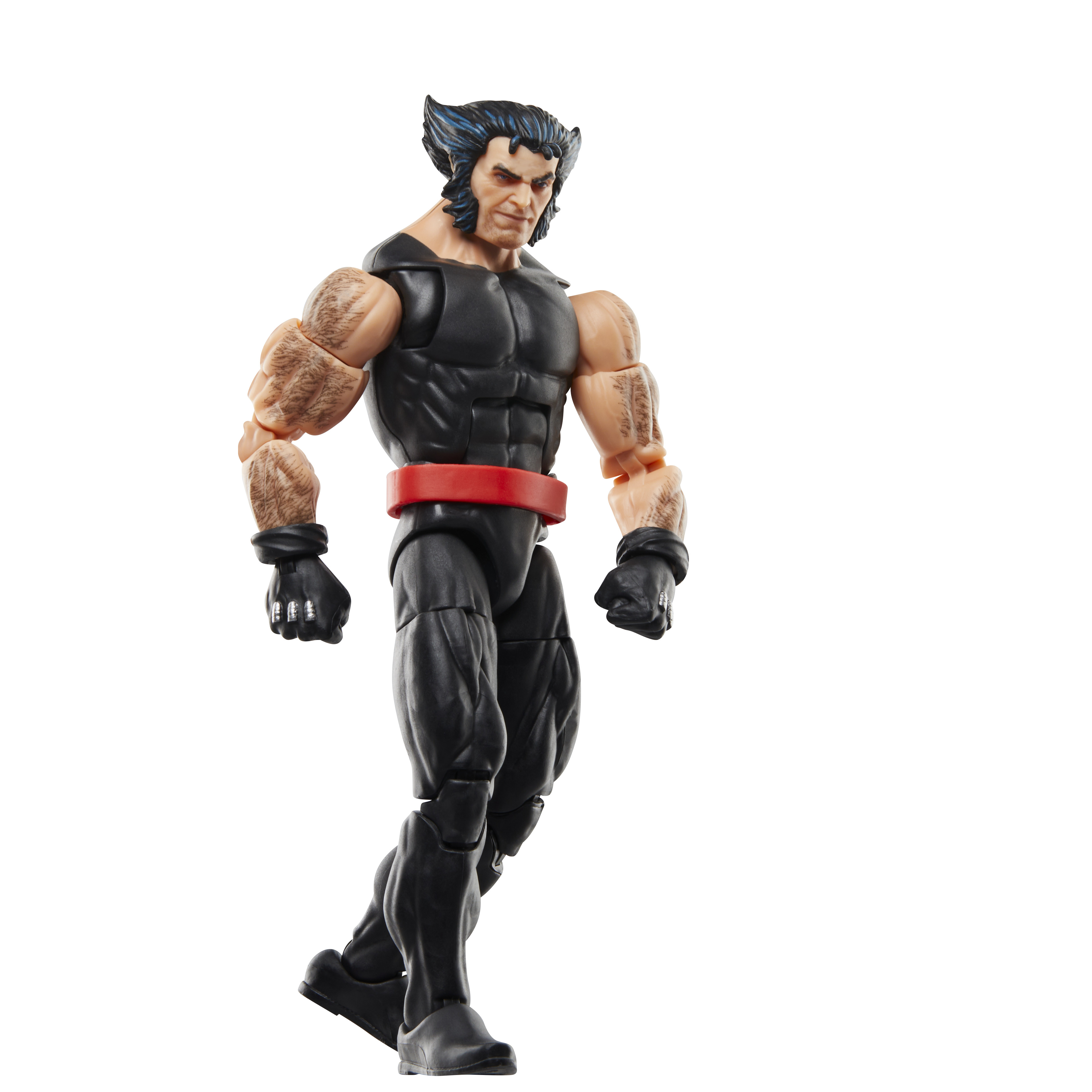 Un'action figure di Wolverine con abito nero, cintura rossa e sfondo bianco.