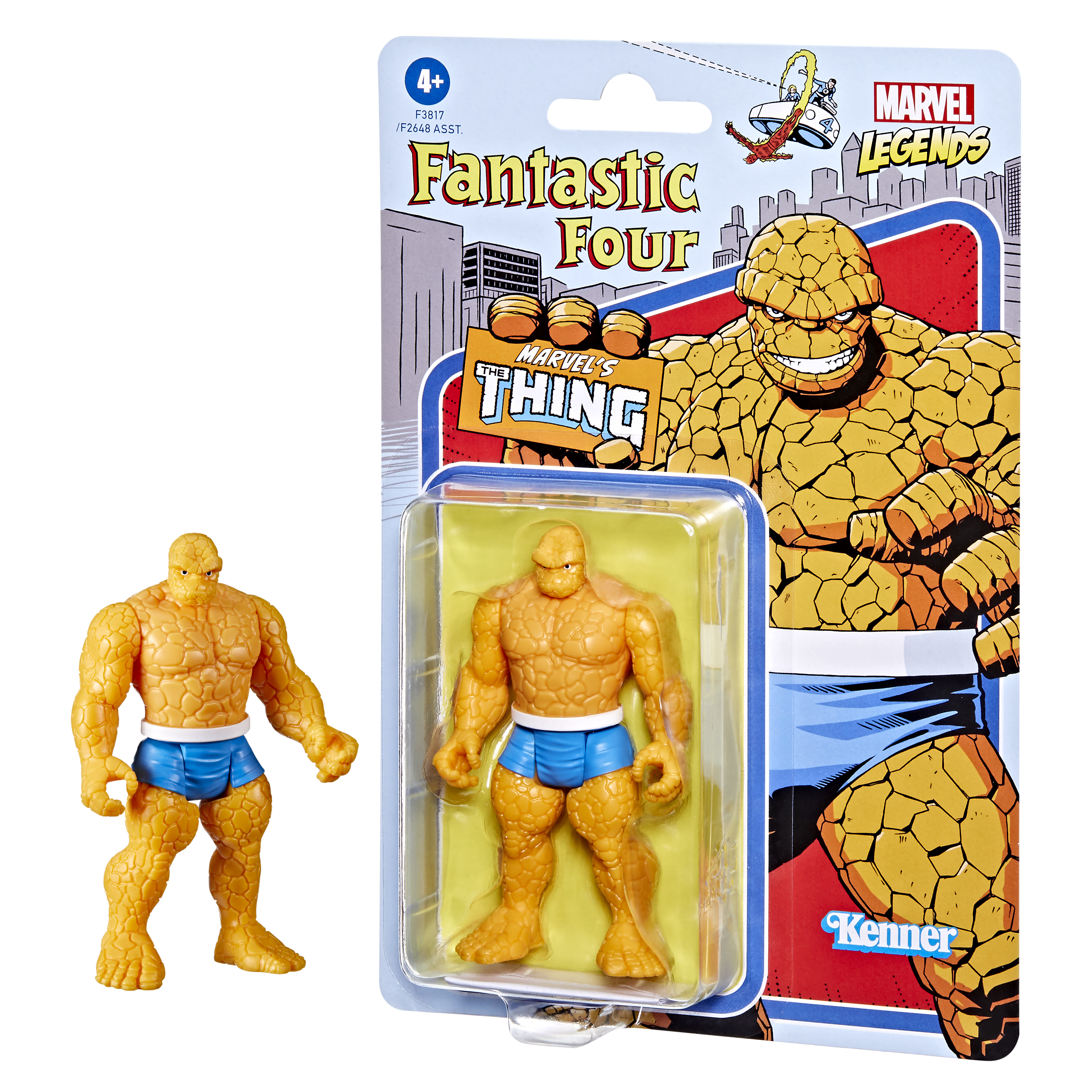 Due personaggi di The Thing. Uno nella confezione, uno in piedi. Arancione, pelle rocciosa, pantaloncini blu.
