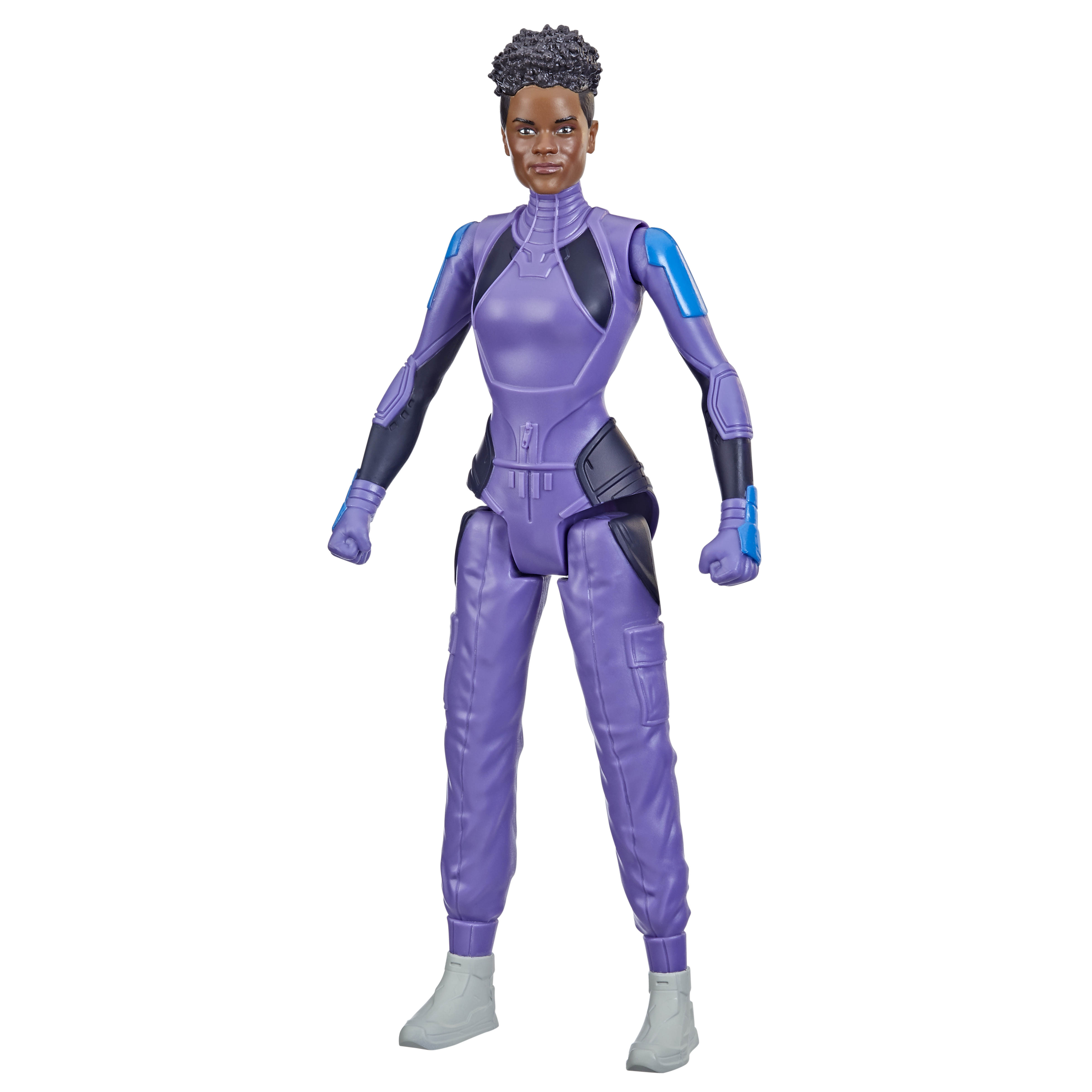 Action figure di una donna in tuta viola. Ha i capelli corti e neri ed è ferma.