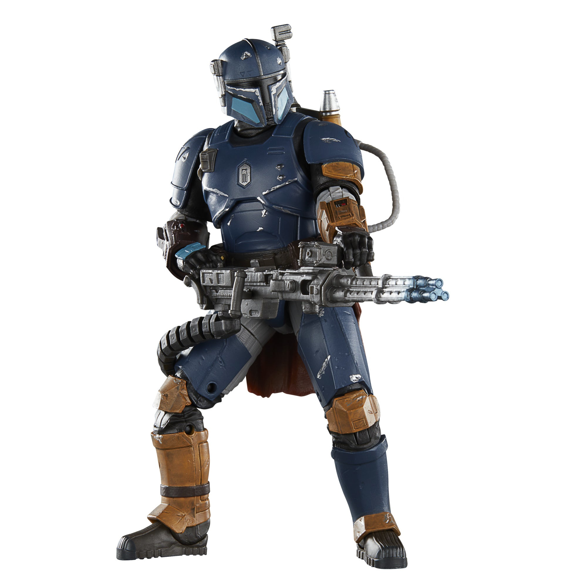 Una action figure mandaloriana blu con una grande arma, in piedi su sfondo bianco.