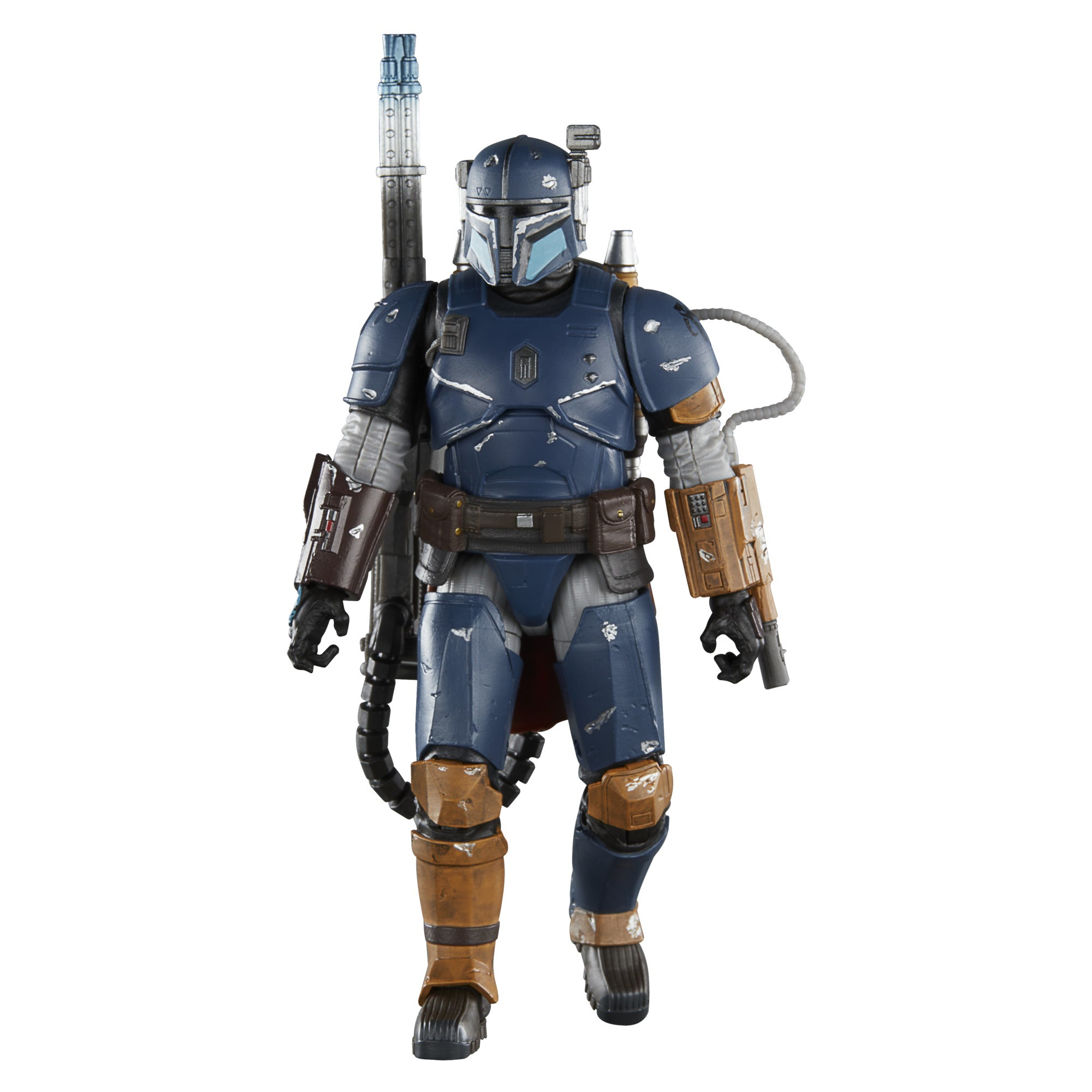 Una action figure mandaloriana blu, che cammina in avanti. Ha una grande arma e sfondo bianco.
