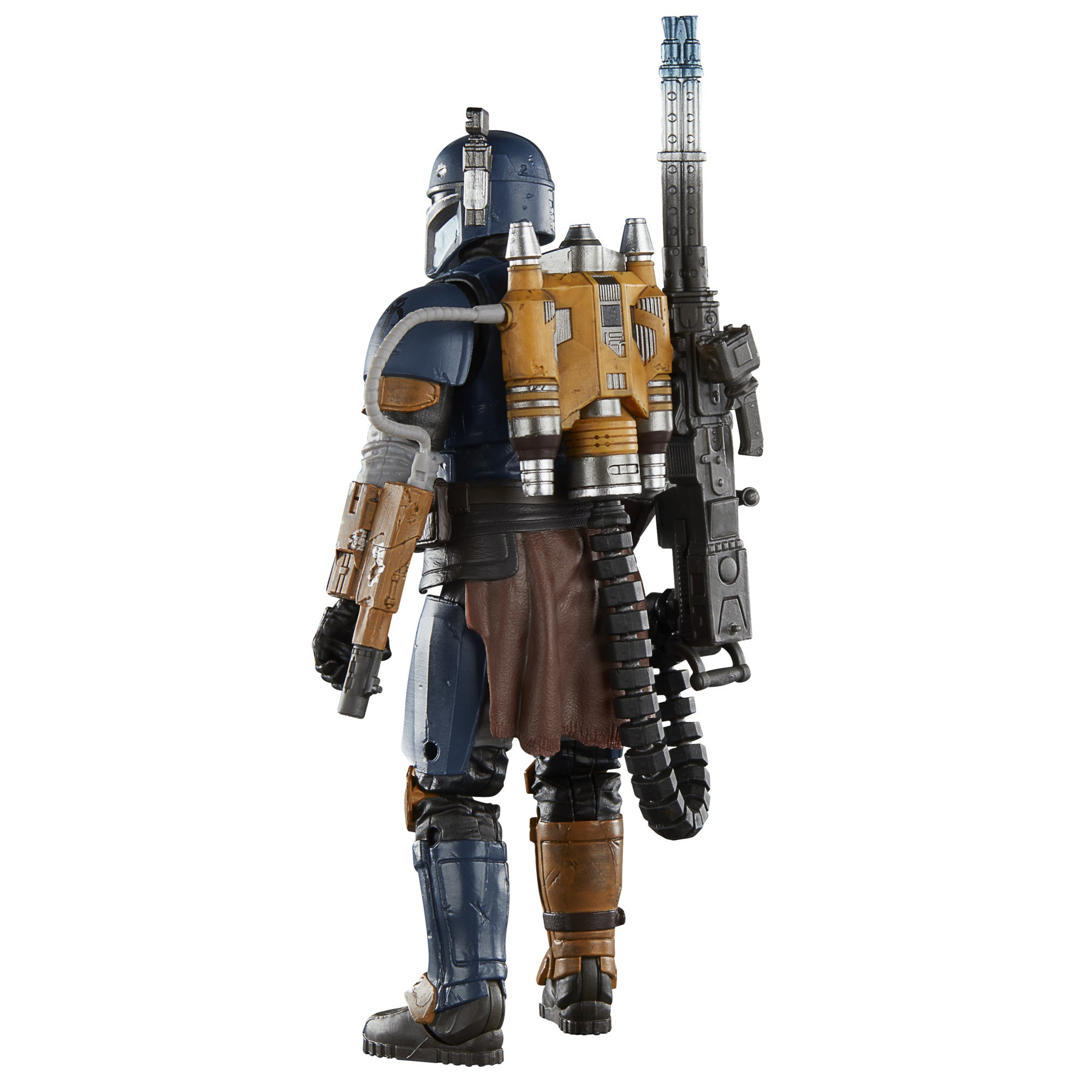 Vista posteriore di un action figure Mandalorian, armatura blu, arma e jetpack.