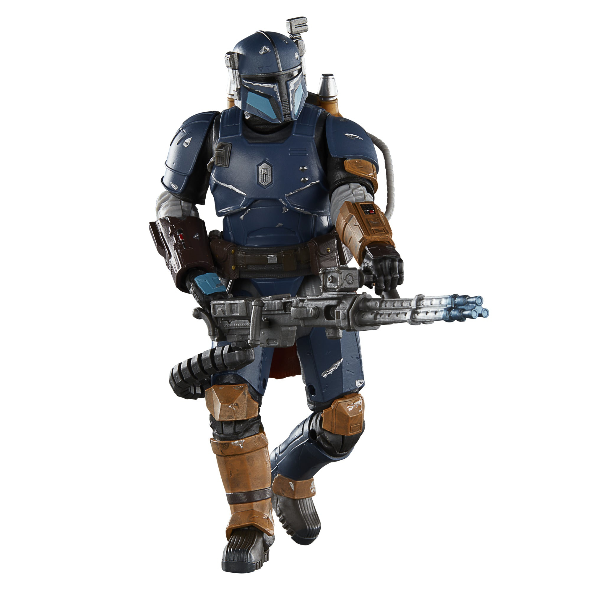 Una action figure mandaloriana blu che cammina in avanti con un'arma. Sfondo bianco.