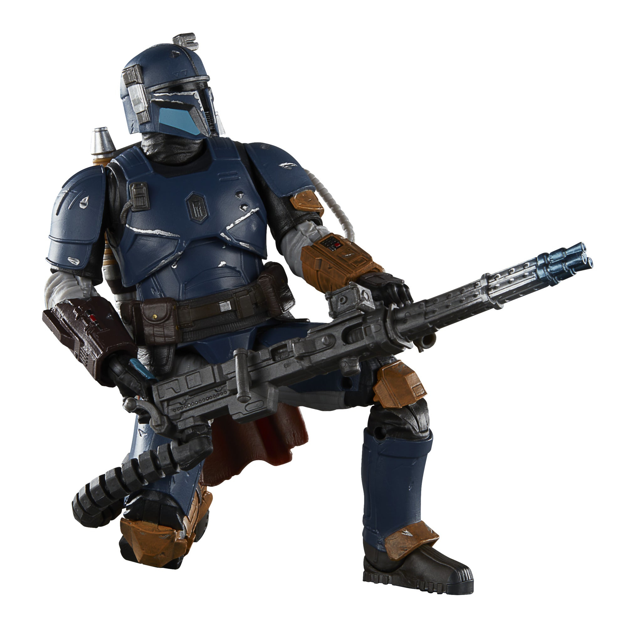 Action figure del Mandaloriano in ginocchio, armatura blu, che tiene una grande arma.