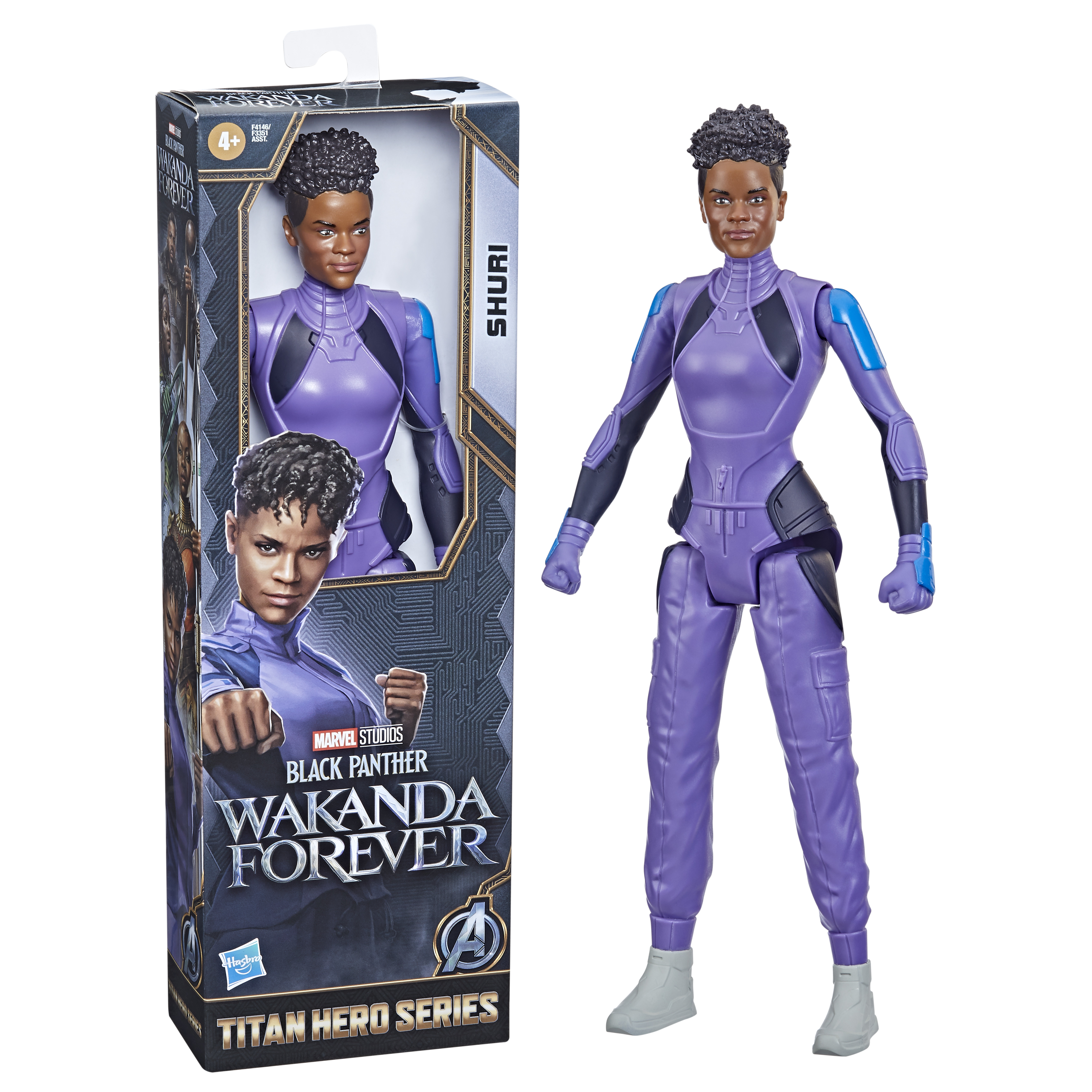 Action figure di Shuri da Black Panther: Wakanda Forever, in abito viola.