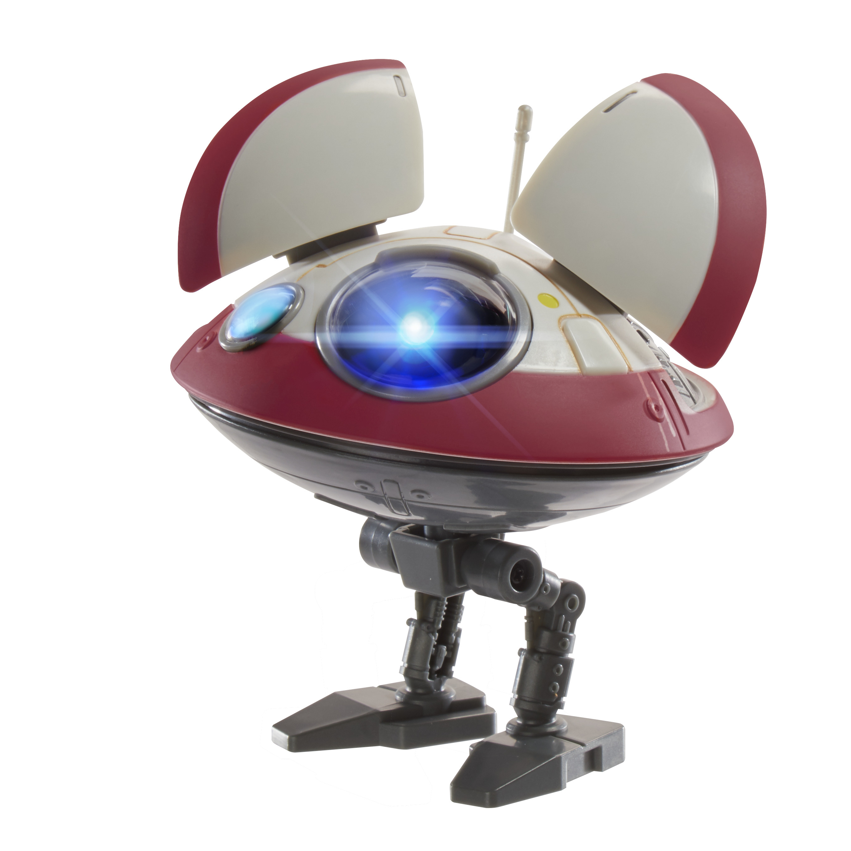 Giocattolo robot con colori rosso e bianco. Ha grandi occhi e antenna. Sfondo bianco.