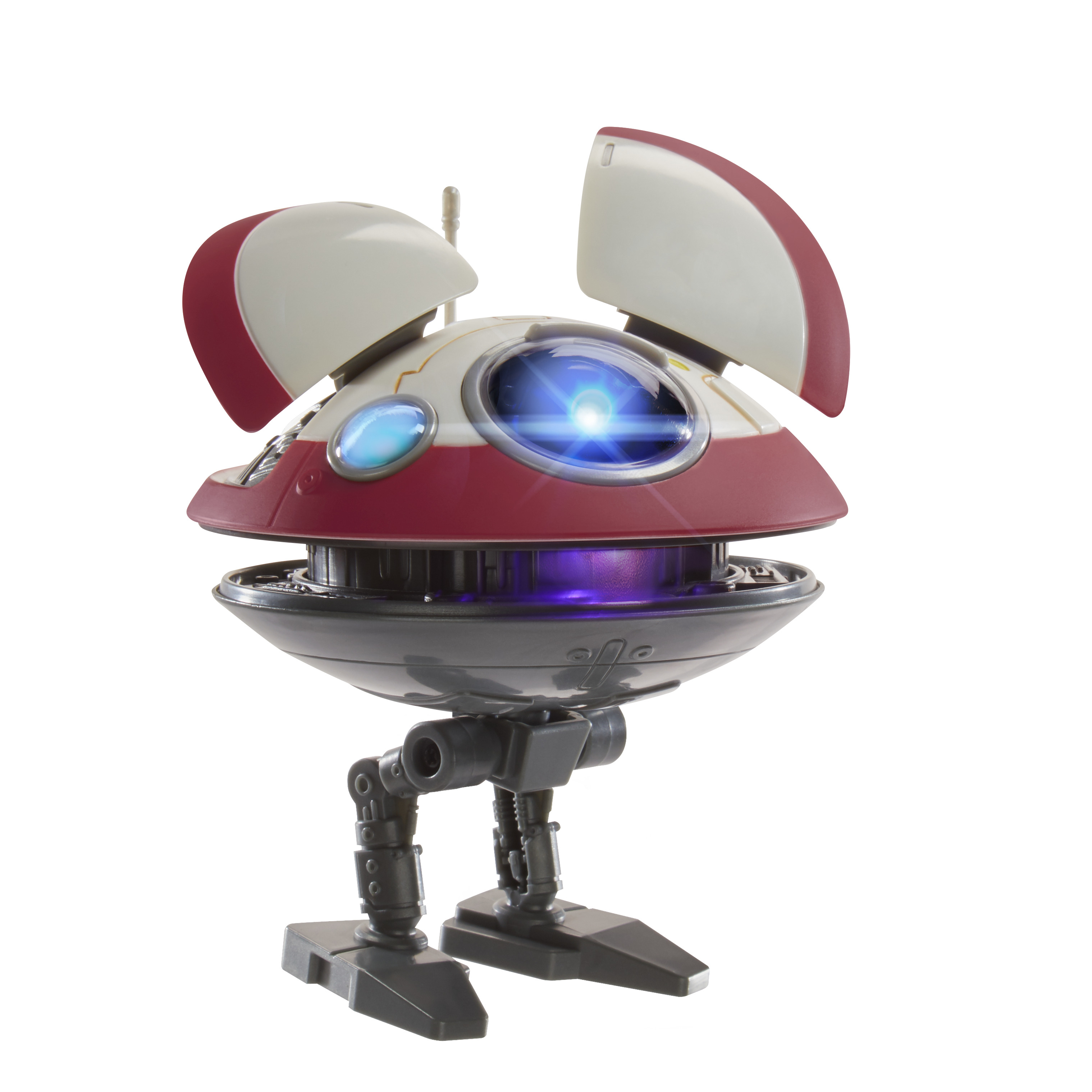 Un giocattolo robot rosso e bianco con un grande occhio e luci luminose, su sfondo bianco.