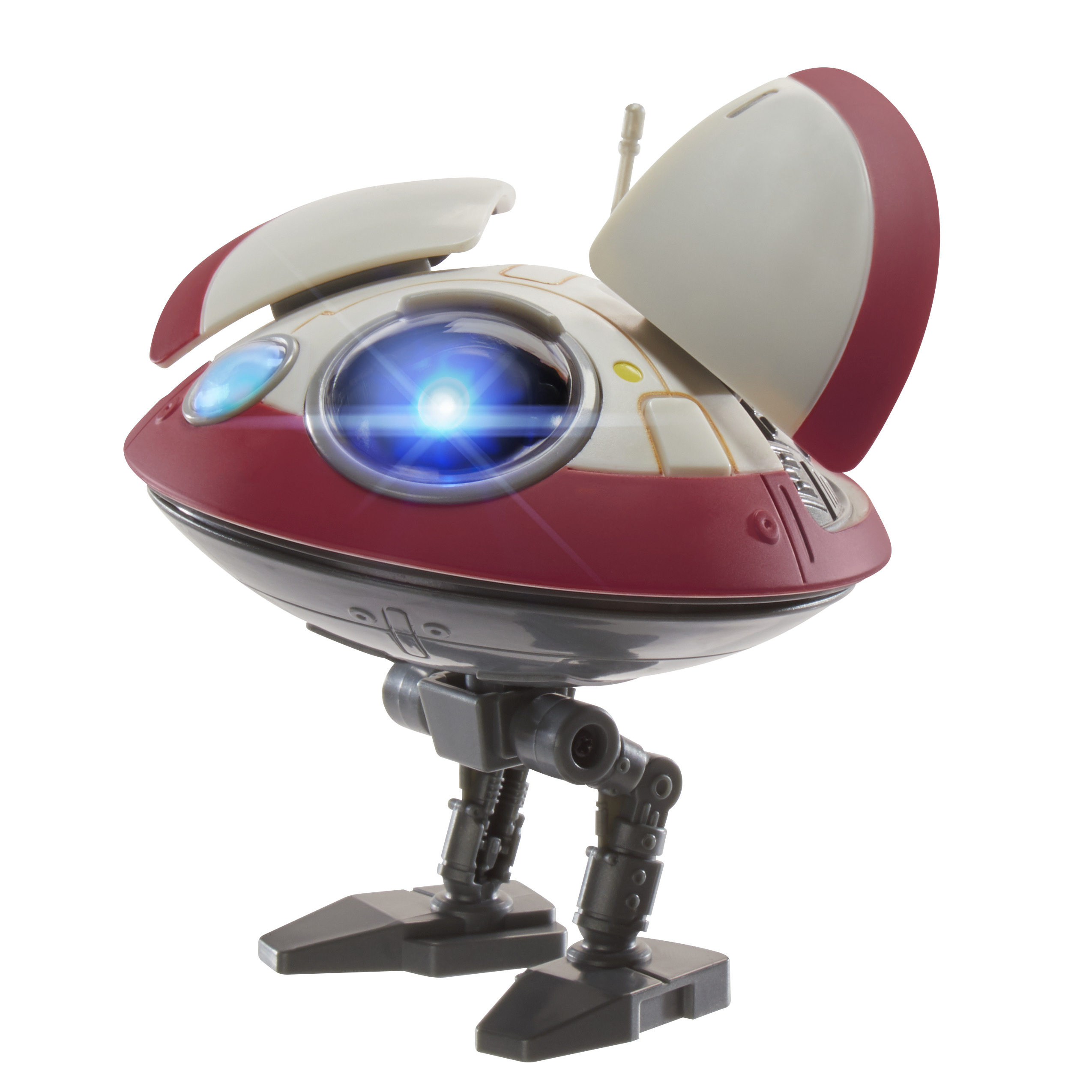 Un giocattolo robotico rosso e bianco con occhi blu luminosi e un'antenna bianca, su una superficie bianca.