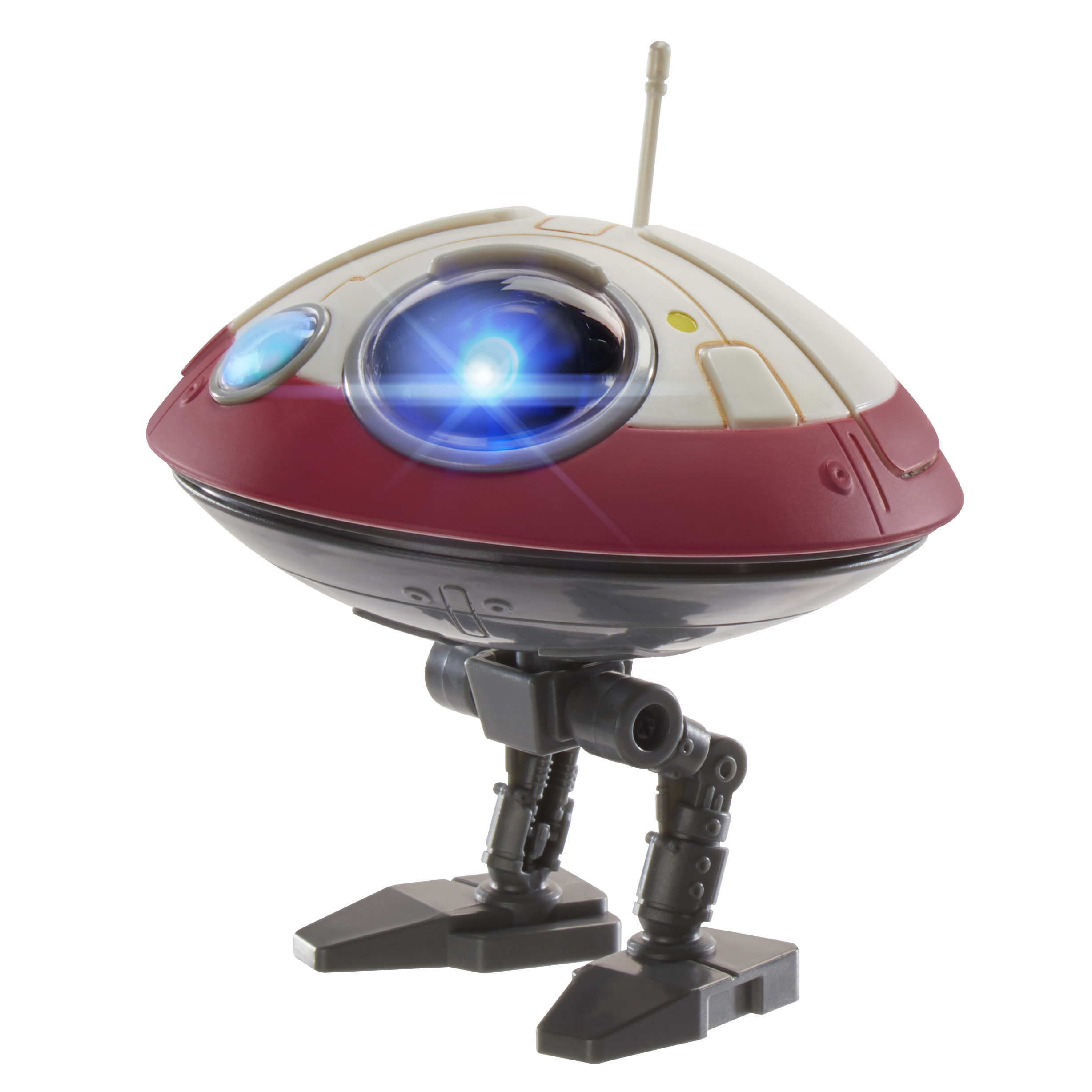 Giocattolo robot rotondo con corpo rosso e bianco, luce blu e gambe nere, sfondo bianco.
