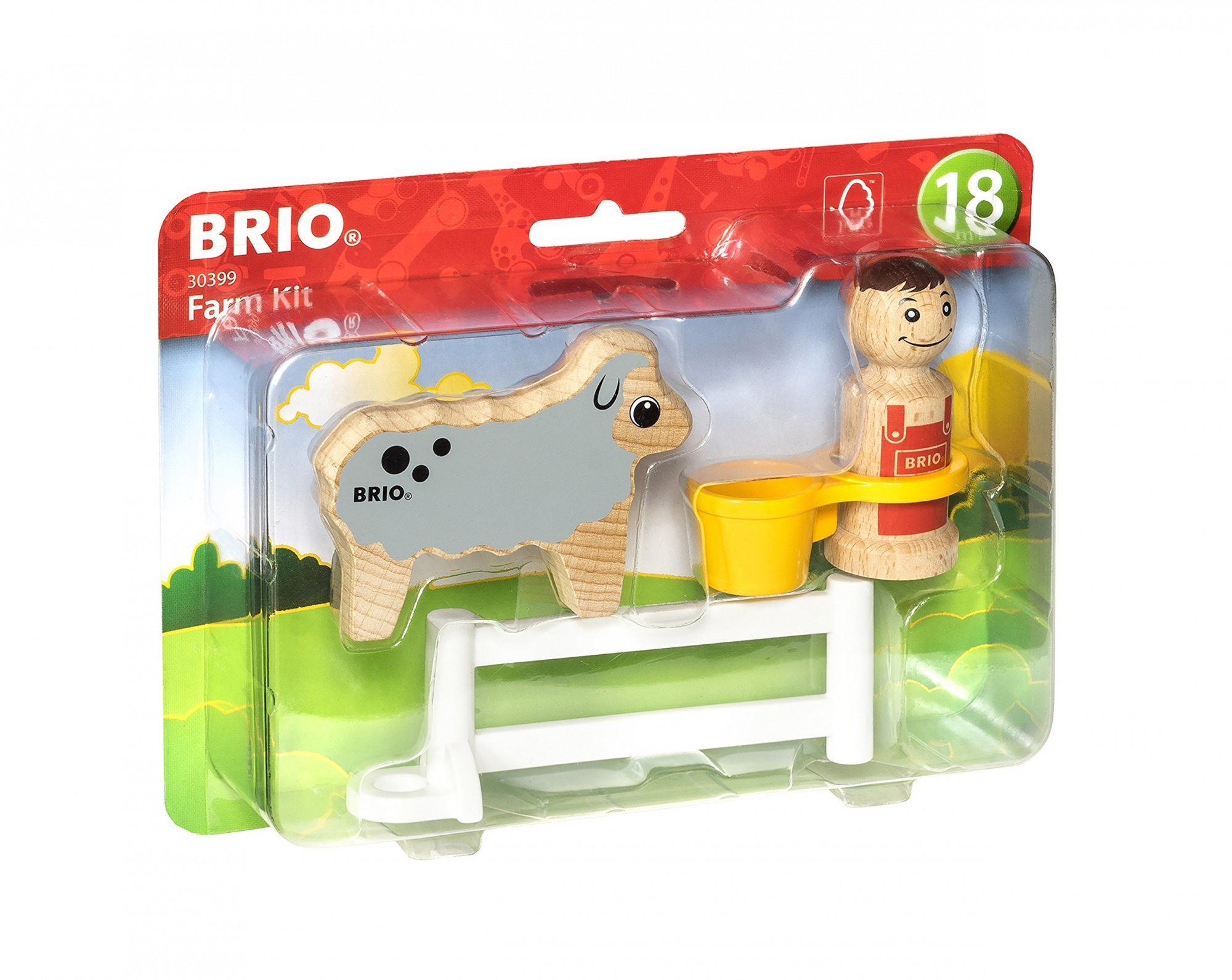Un giocattolo Brio farm kit in confezione, tra cui una pecora, un contadino, una recinzione e un secchio su bianco.