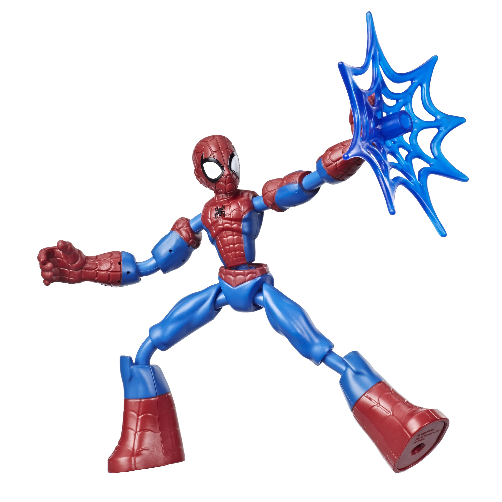 Action figure di Spider-Man in posa dinamica. È rosso e blu e tiene una ragnatela blu.