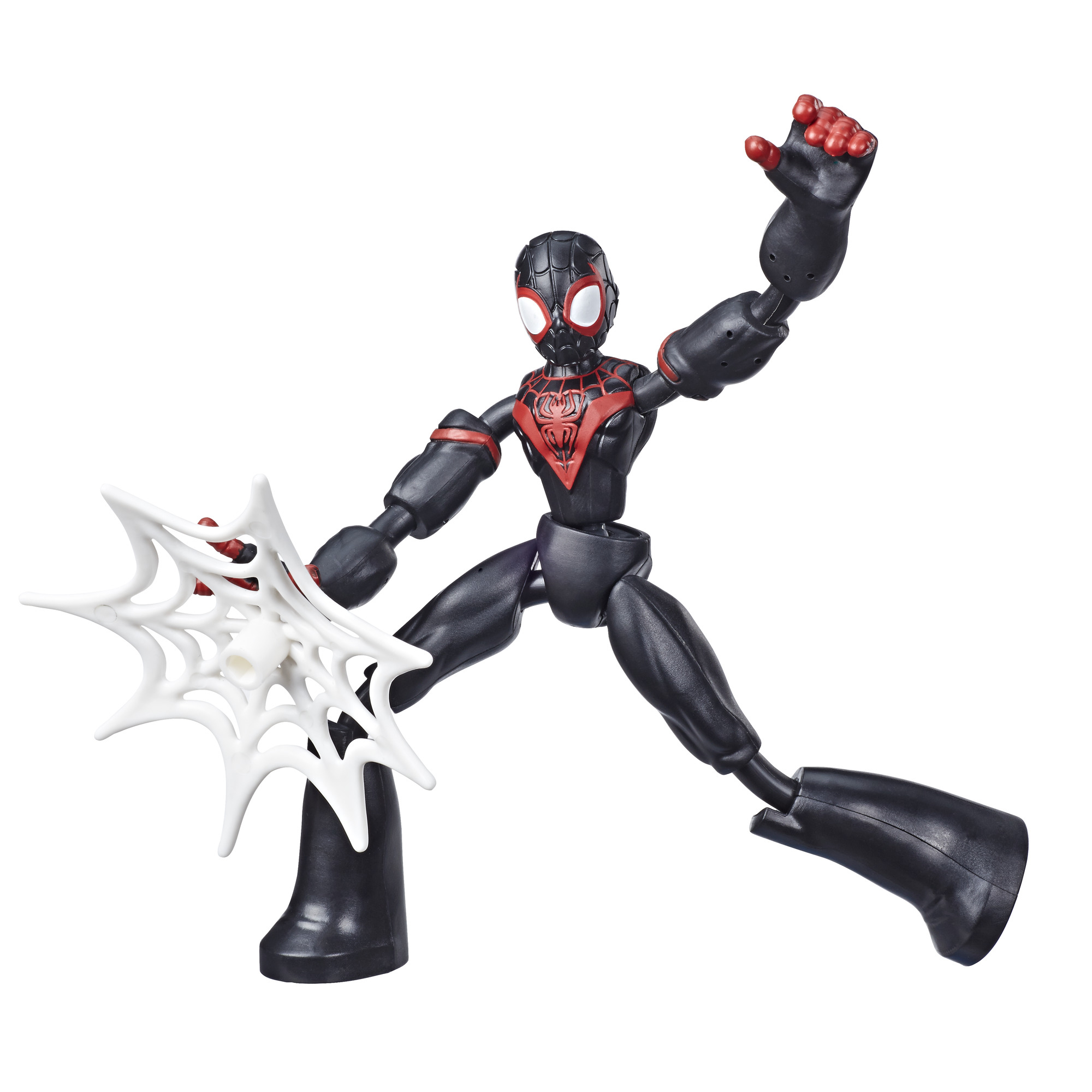 Una figura giocattolo di Spiderman in posa dinamica, che tiene una ragnatela. Abito nero e rosso, con ragnatela.