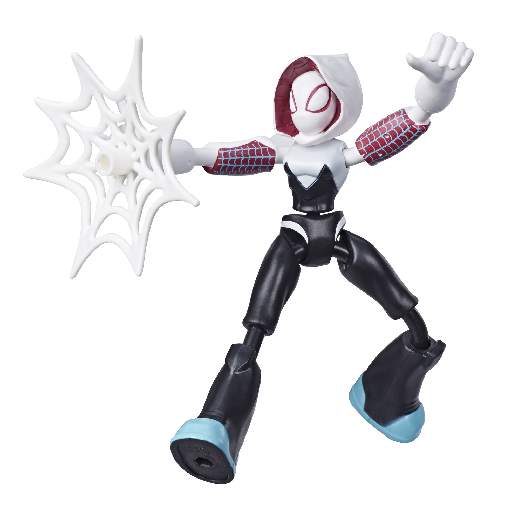 Action figure di Spider-Gwen in posa dinamica. È nera, bianca e rossa, con una ragnatela bianca.