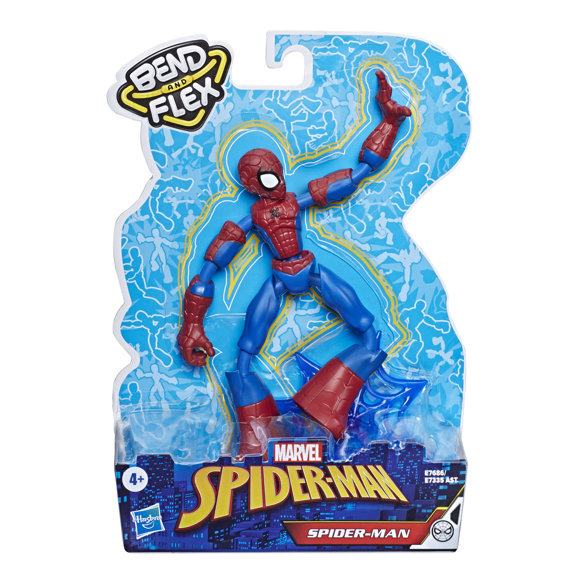 Action figure di Spider-Man, tuta blu e rossa in un pacchetto con le parole 'Bend and Flex'.